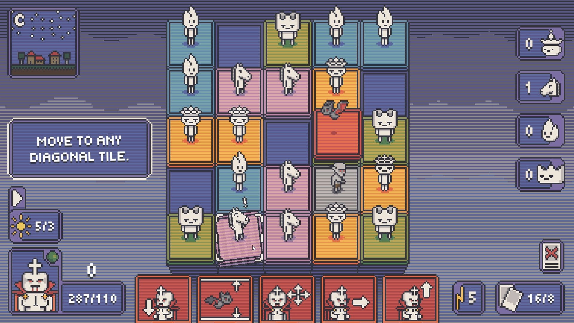 Chess Hunt: Grid-based puzzle with cat pieces, action cards below, and diagonal move prompt visible