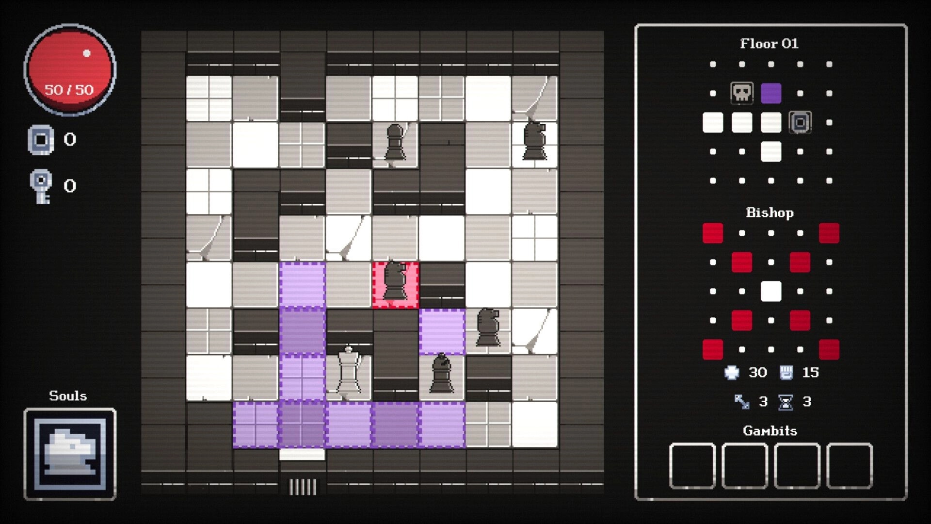 Chess of Doom: Player's bishop navigates dungeon tiles with strategic overlay and enemy positions visible.