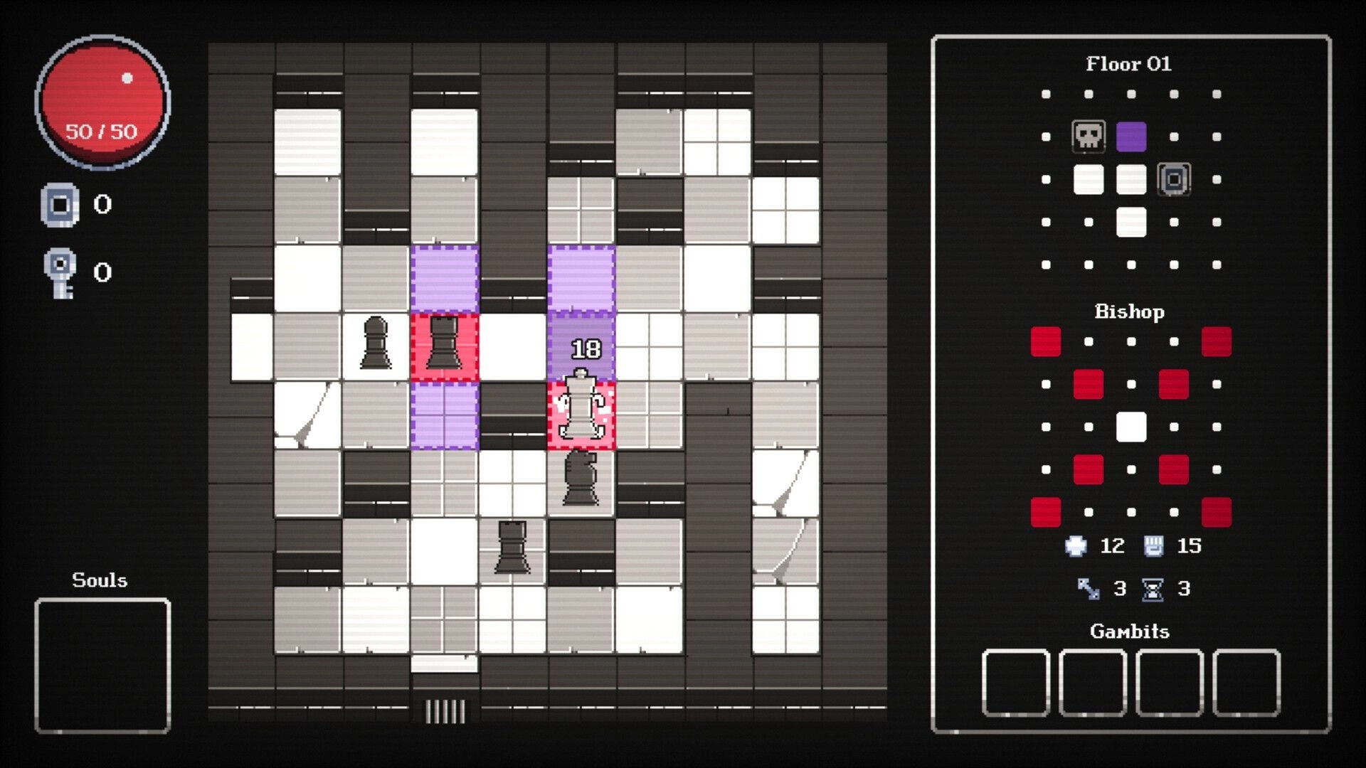 Chess of Doom: Dungeon floor grid with bishop enemy, health meter, and movement options displayed