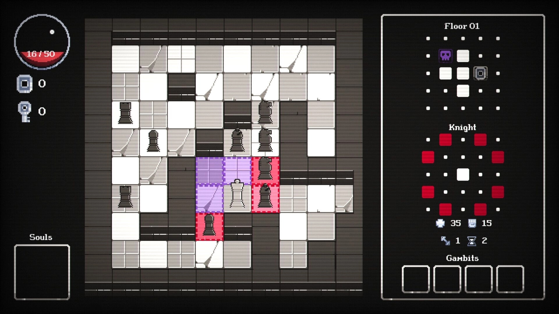 Chess of Doom: Tactical board view with health, keys, and knight move options on a dungeon floor.
