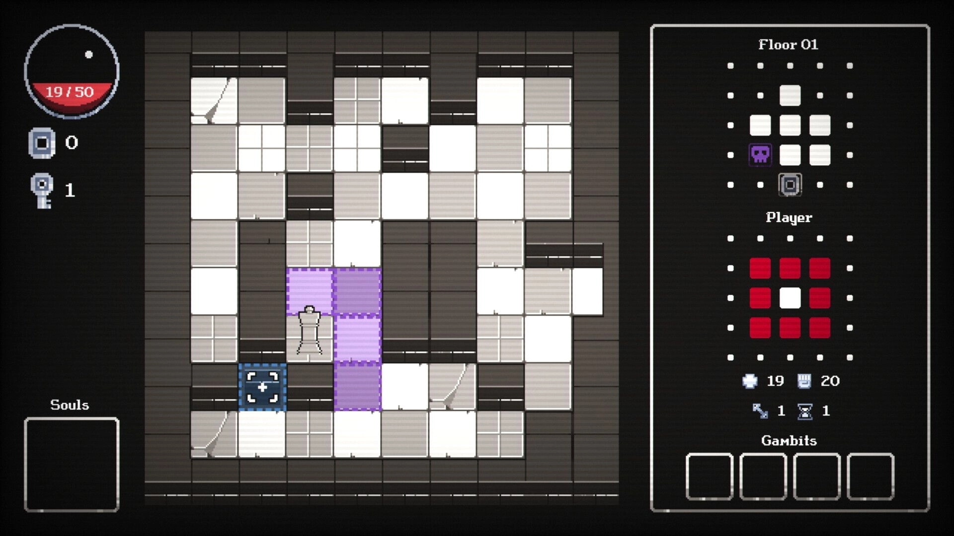 Chess of Doom: Knight piece on purple tiles with health bar, keys, and map interface in dungeon maze