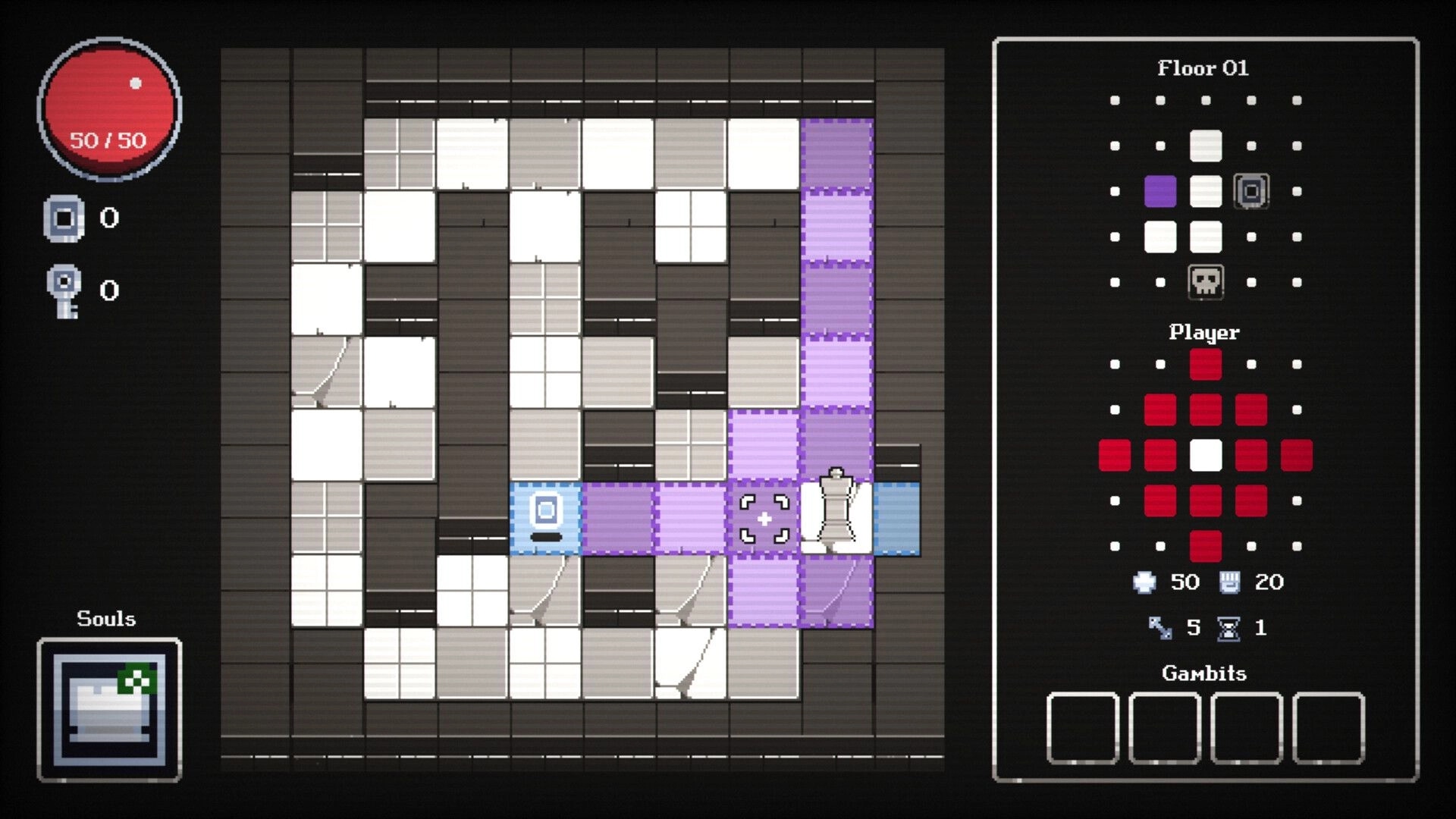 Chess of Doom: Player's bishop navigating dungeon tiles, health and map interface on display