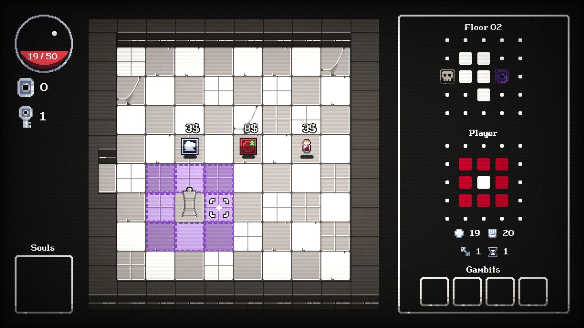 Chess of Doom: Knight piece on purple squares with health bar and item icons in dungeon grid setting