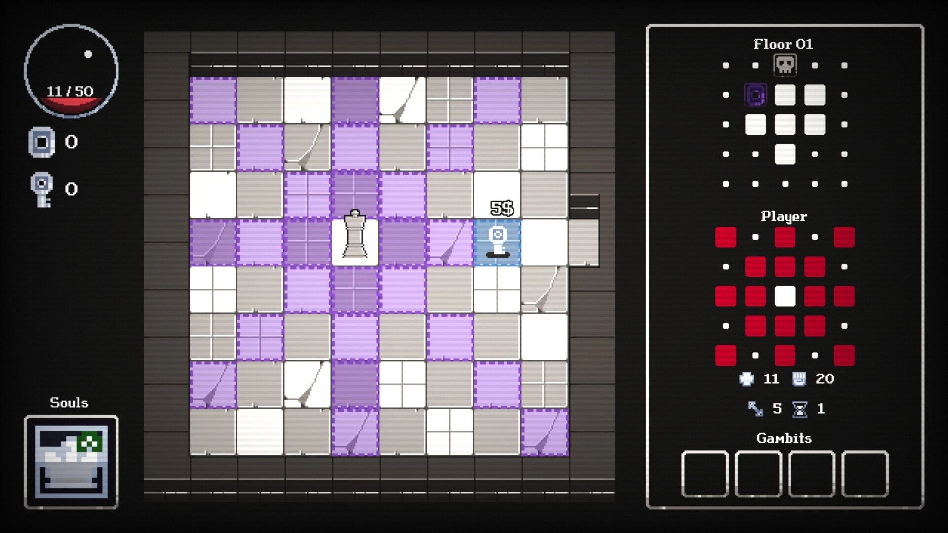 Chess of Doom: Player's knight facing pawn on floor 01 with health and inventory UI displayed.