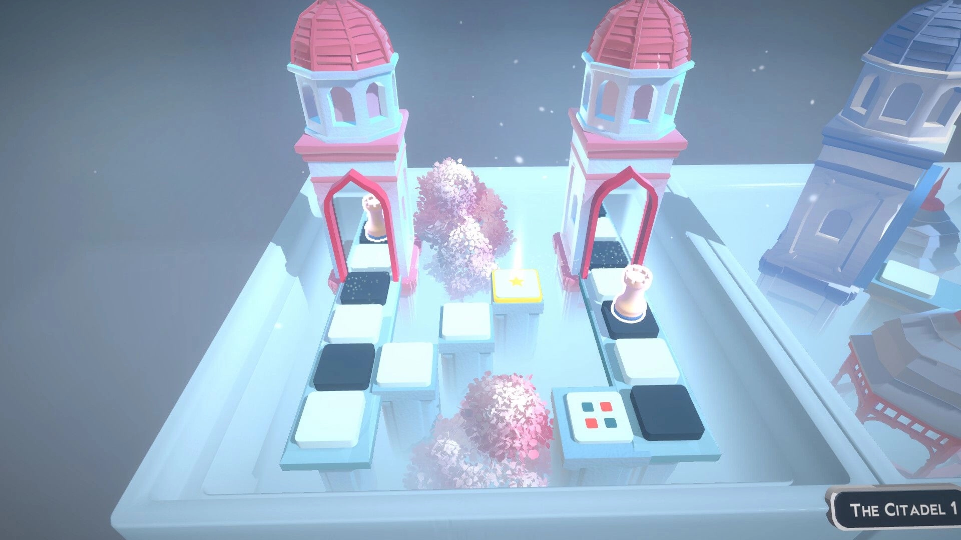 Chess Tales: Two pawns on floating tile paths between pink towers in a snowy citadel puzzle level.