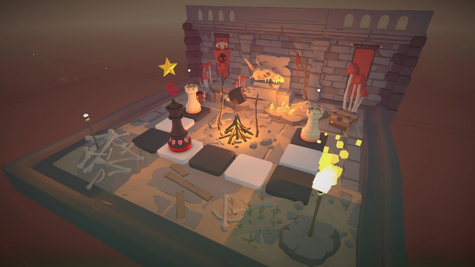 Chess Tales: Chess pieces navigate broken tiles by a campfire in a ruined dungeon with banners and skulls.