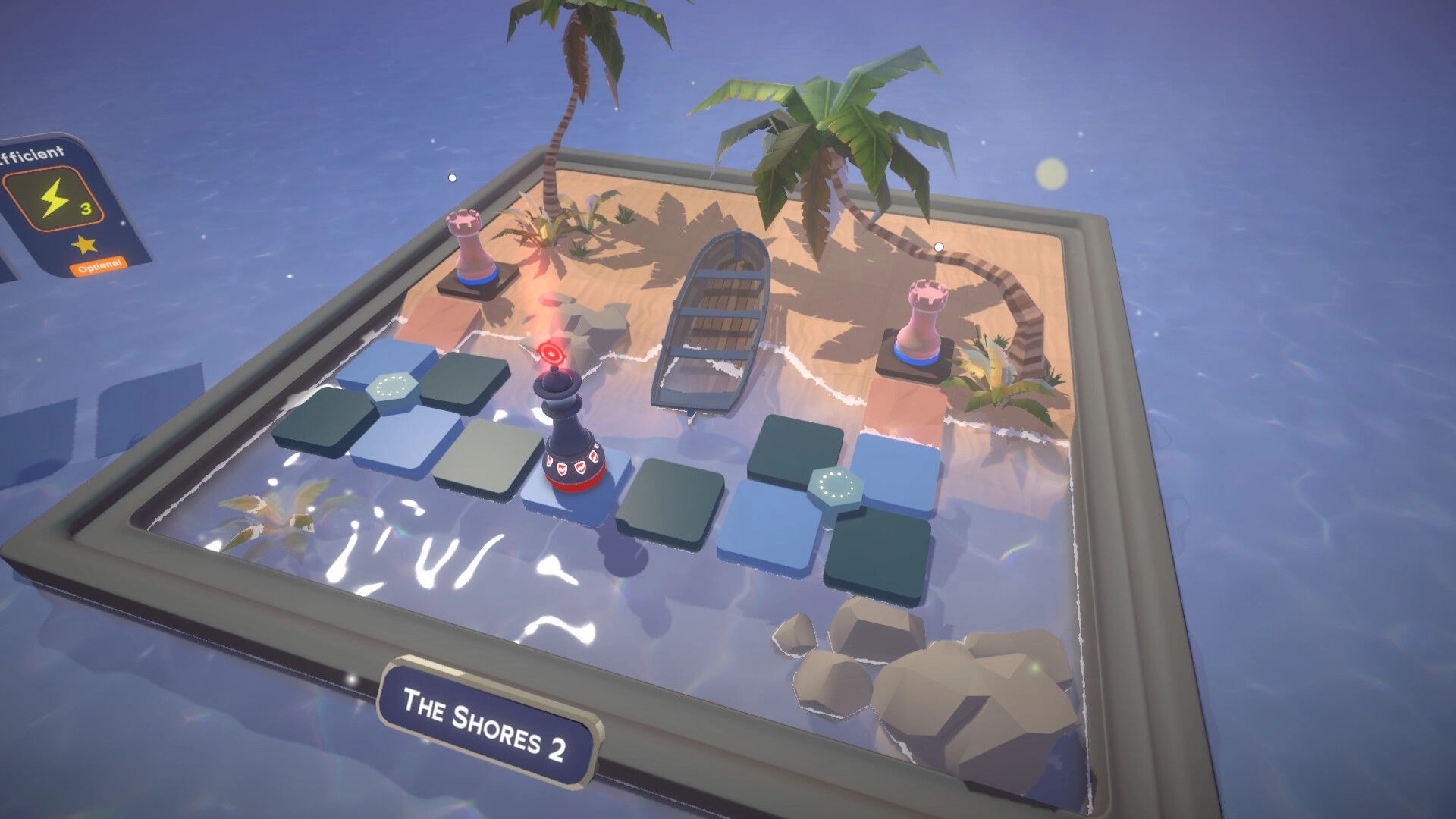 Chess Tales: Black king on floating tiles near rooks and a boat on a sandy island puzzle board.