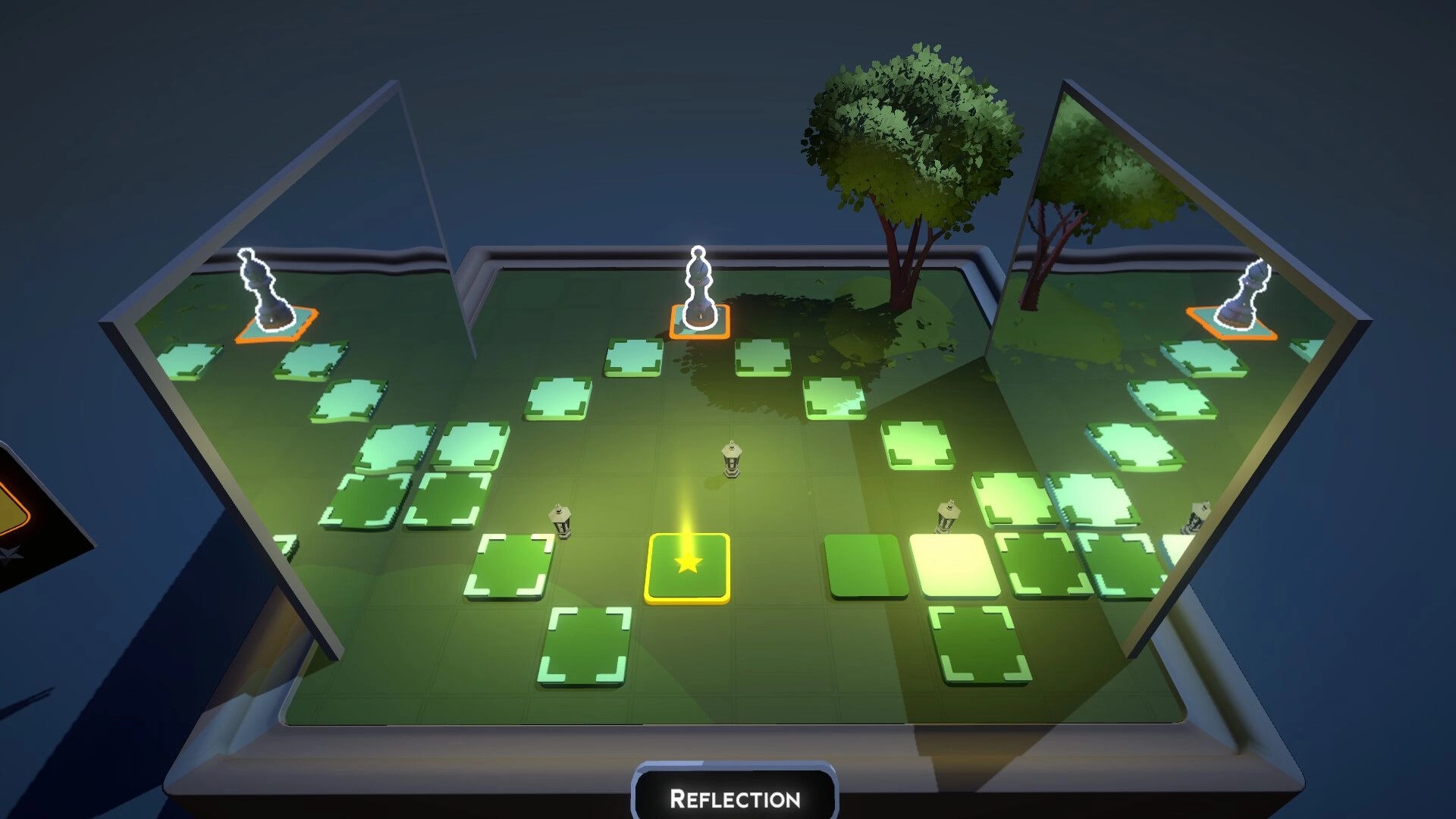 Chess Tales: Puzzle board with glowing tiles and mirrored walls in a garden room with a tree centerpiece.