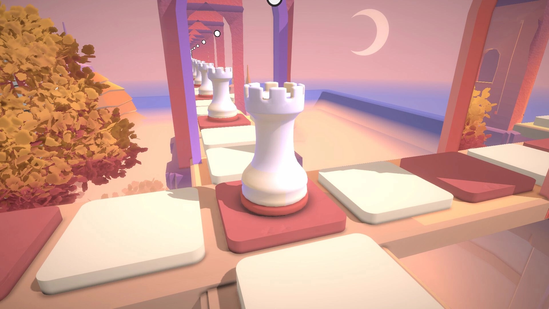Chess Tales: White rook pieces line a tiled bridge between arches under a crescent moon sky.