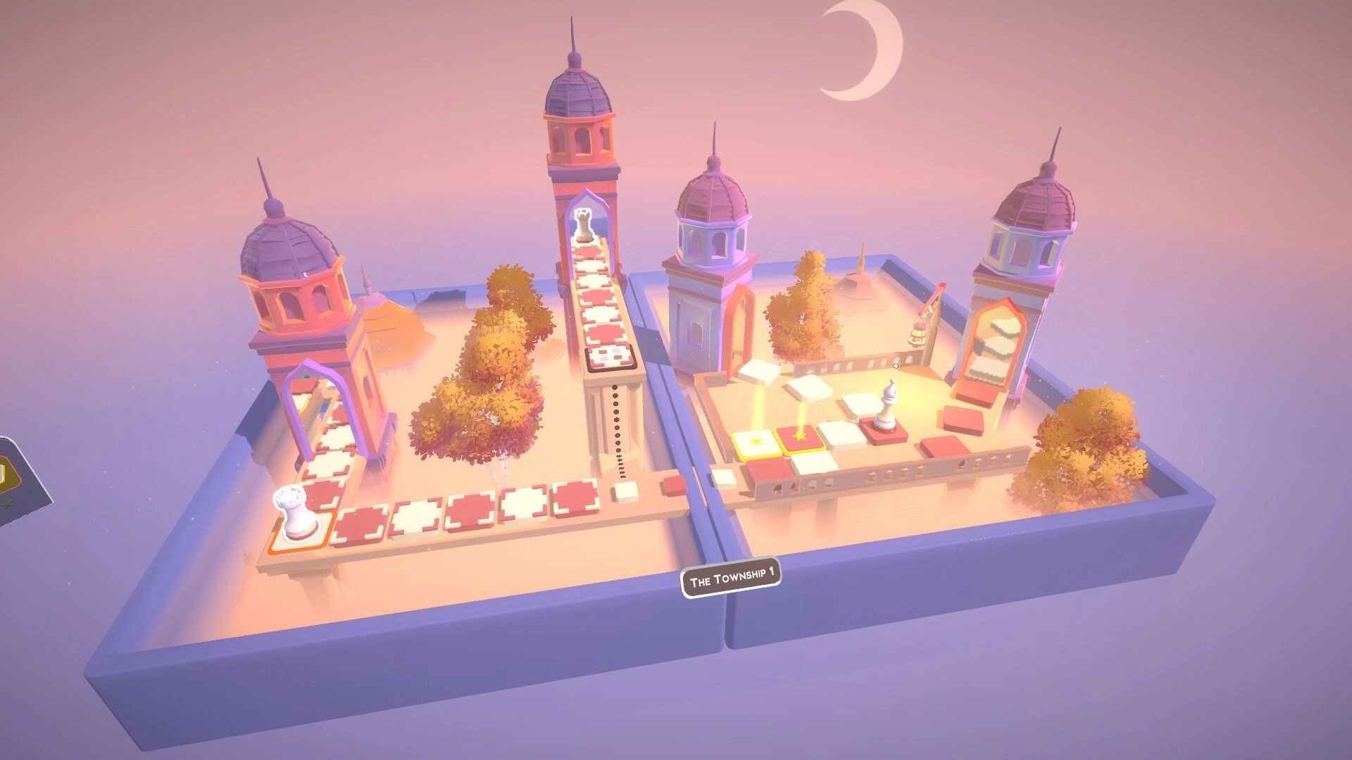 Chess Tales: Pawn moves along tiled paths between tower gates in a pastel courtyard under a crescent moon.