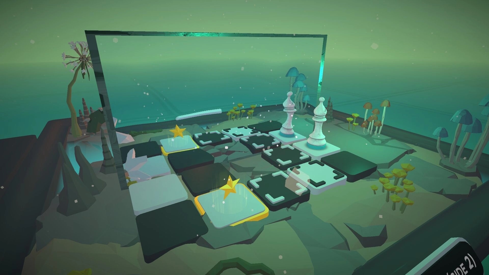 Chess Tales: Pawns on a shifting tile puzzle board in a misty garden ruin with glowing portals and mushrooms.