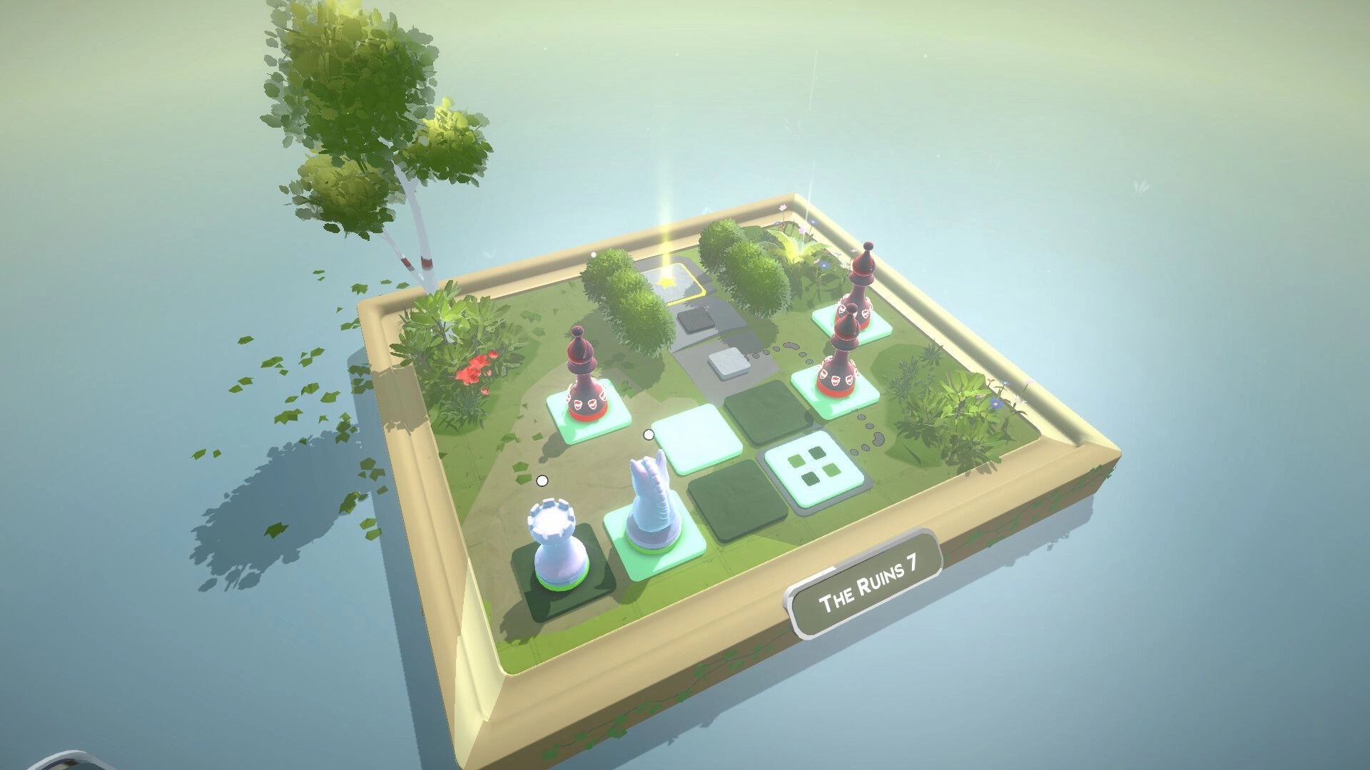 Chess Tales: Chess puzzle board with white knight and pawns facing red pieces in a foggy garden ruin level.