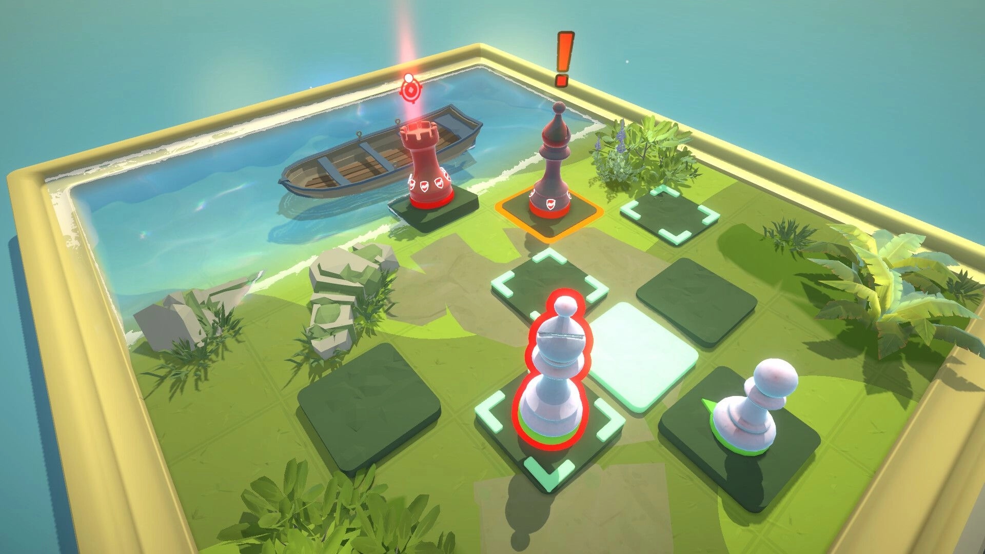 Chess Tales: Pawn advances on grassy tile board beside water and boat, enemy pieces marked with alerts.