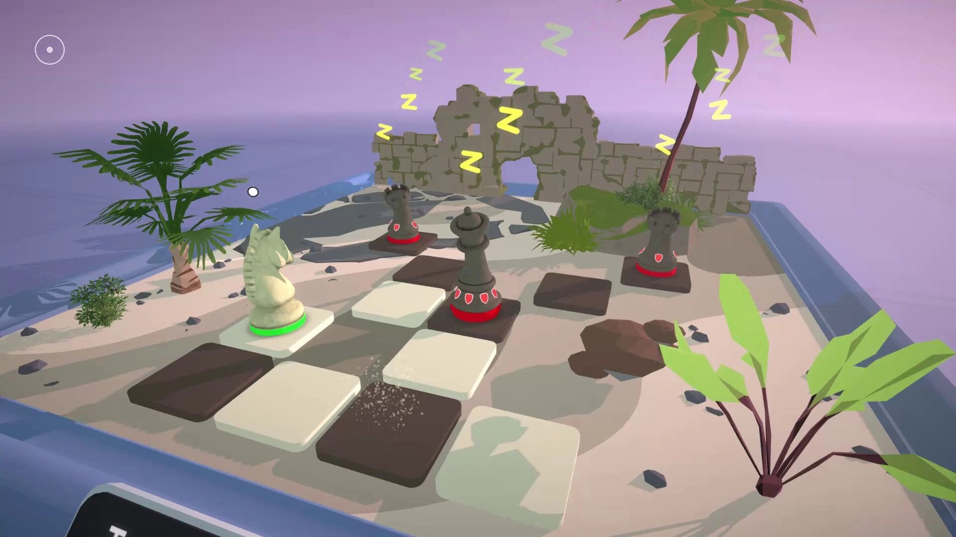 Chess Tales: White knight faces sleeping red pieces on a tilted board amid palms and ruined wall.