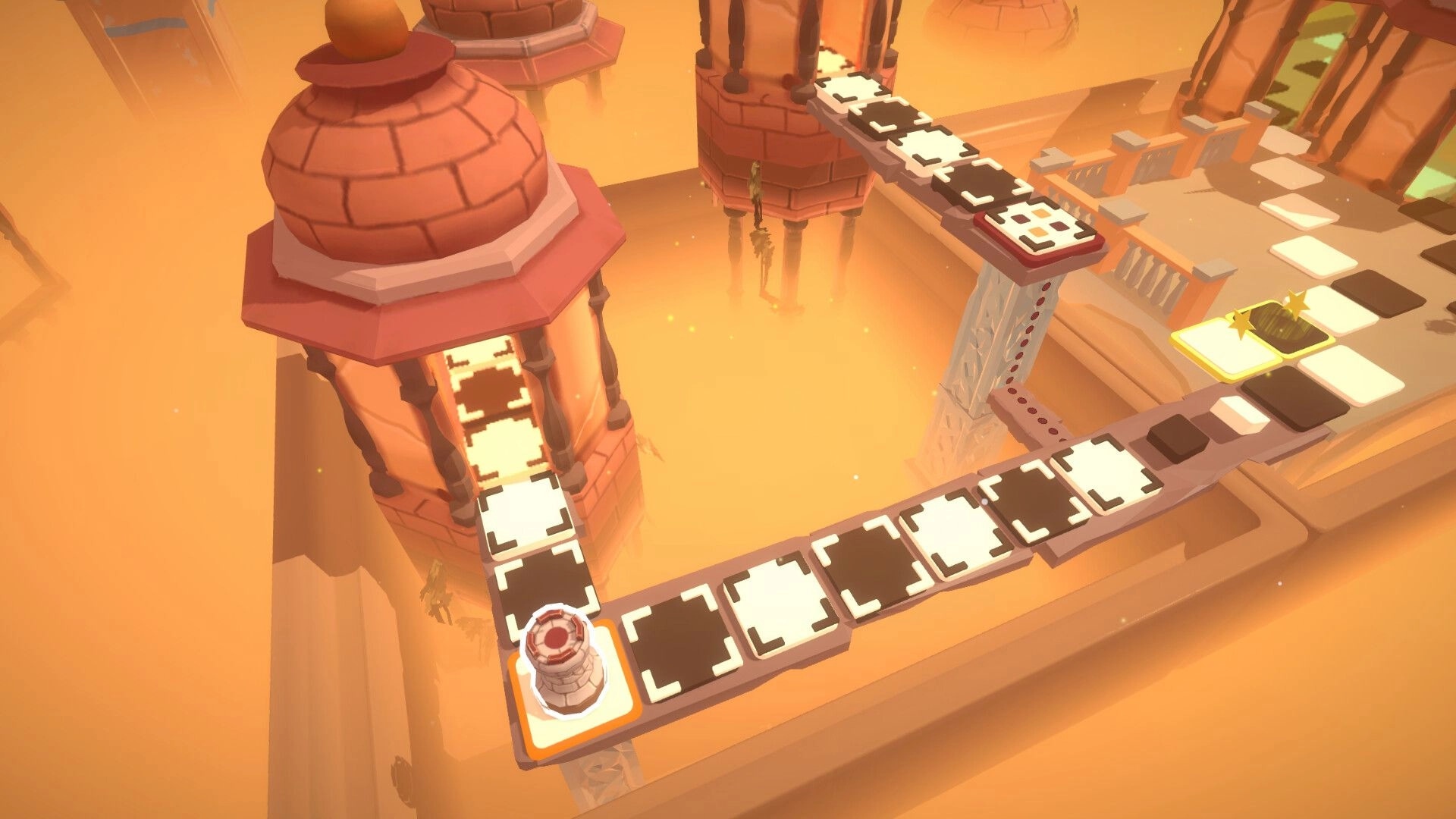 Chess Tales: Rook piece on a tiled bridge puzzle between tall towers above a glowing orange chasm.