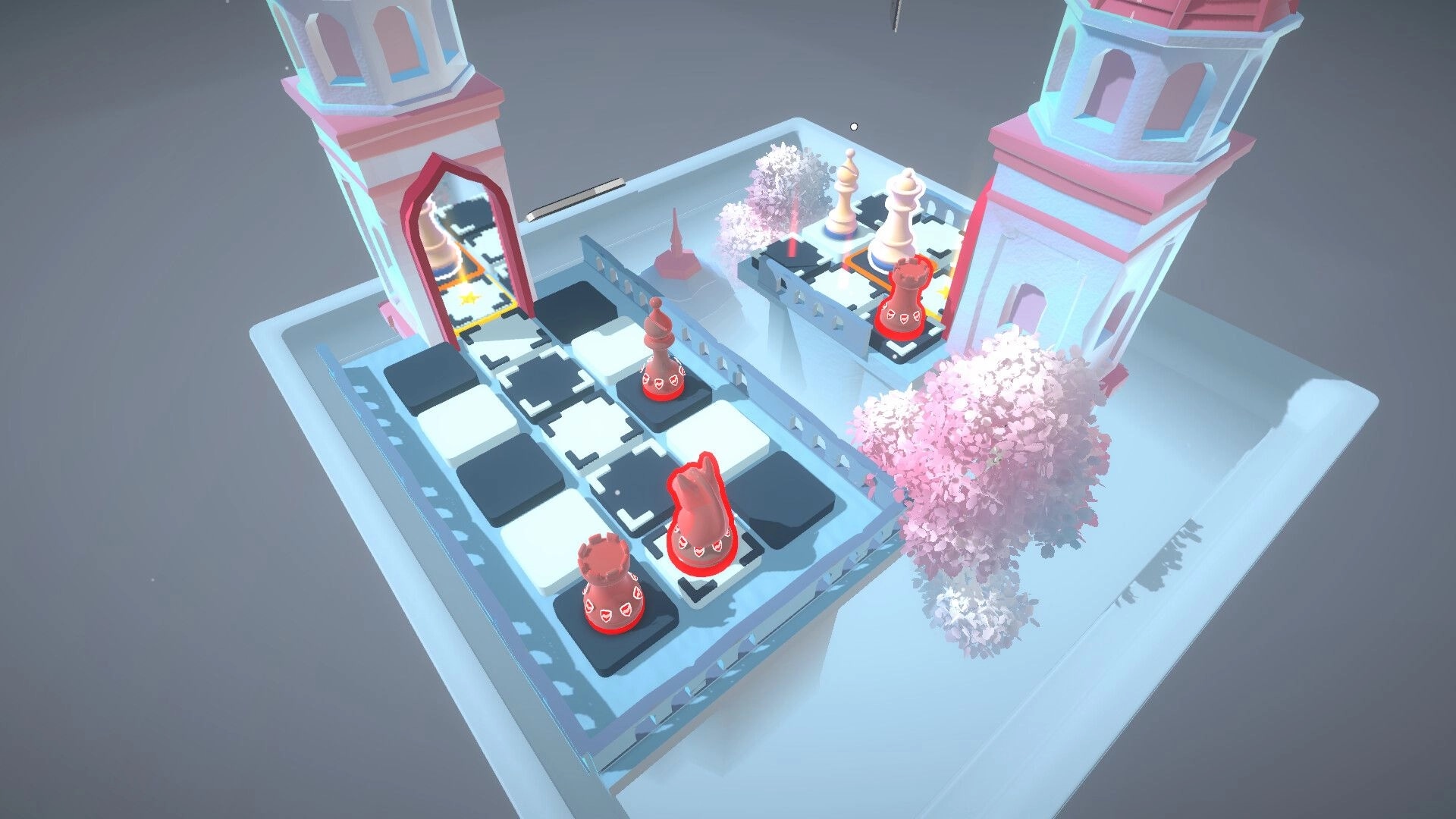 Chess Tales: Red chess pieces advance on tiled path between pastel towers and pink blossom trees.