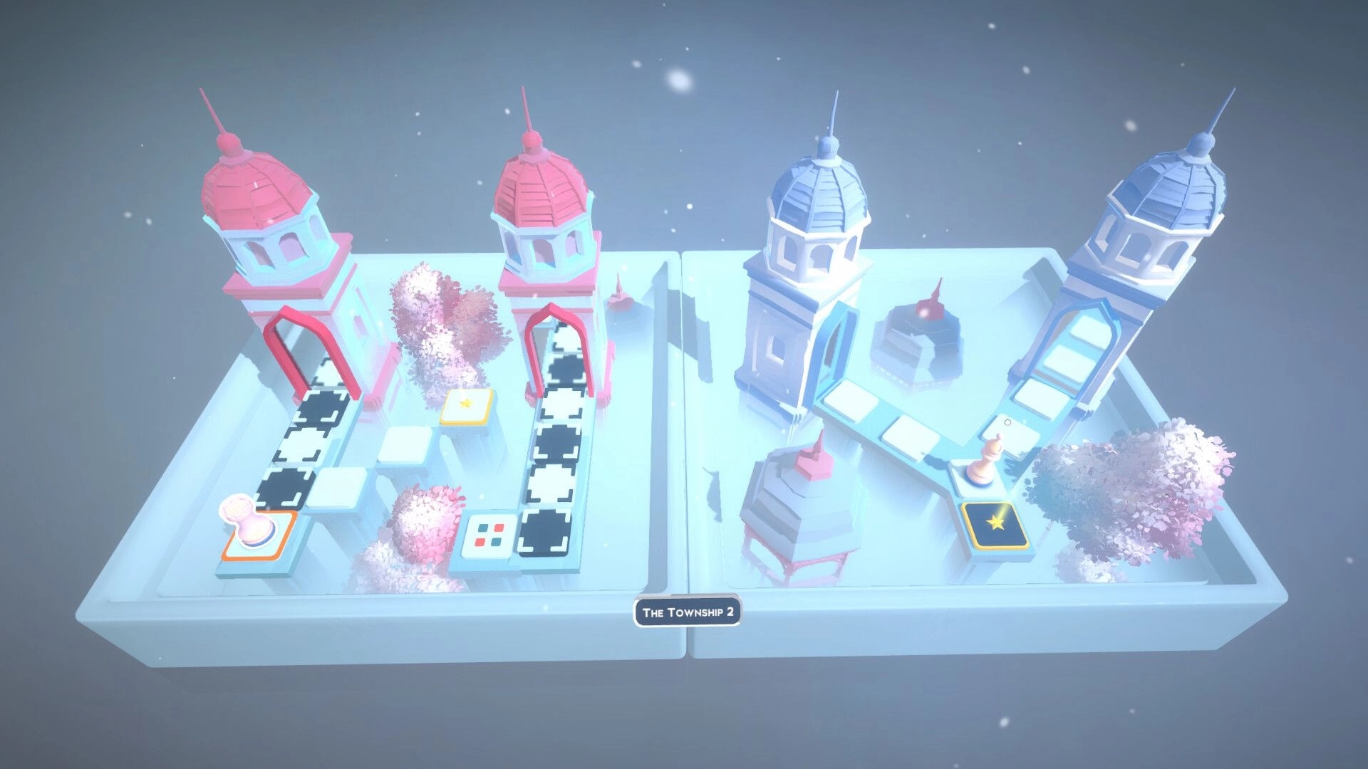 Chess Tales: Two pawns on tiled paths between pastel towers and gardens, level label The Township 2.