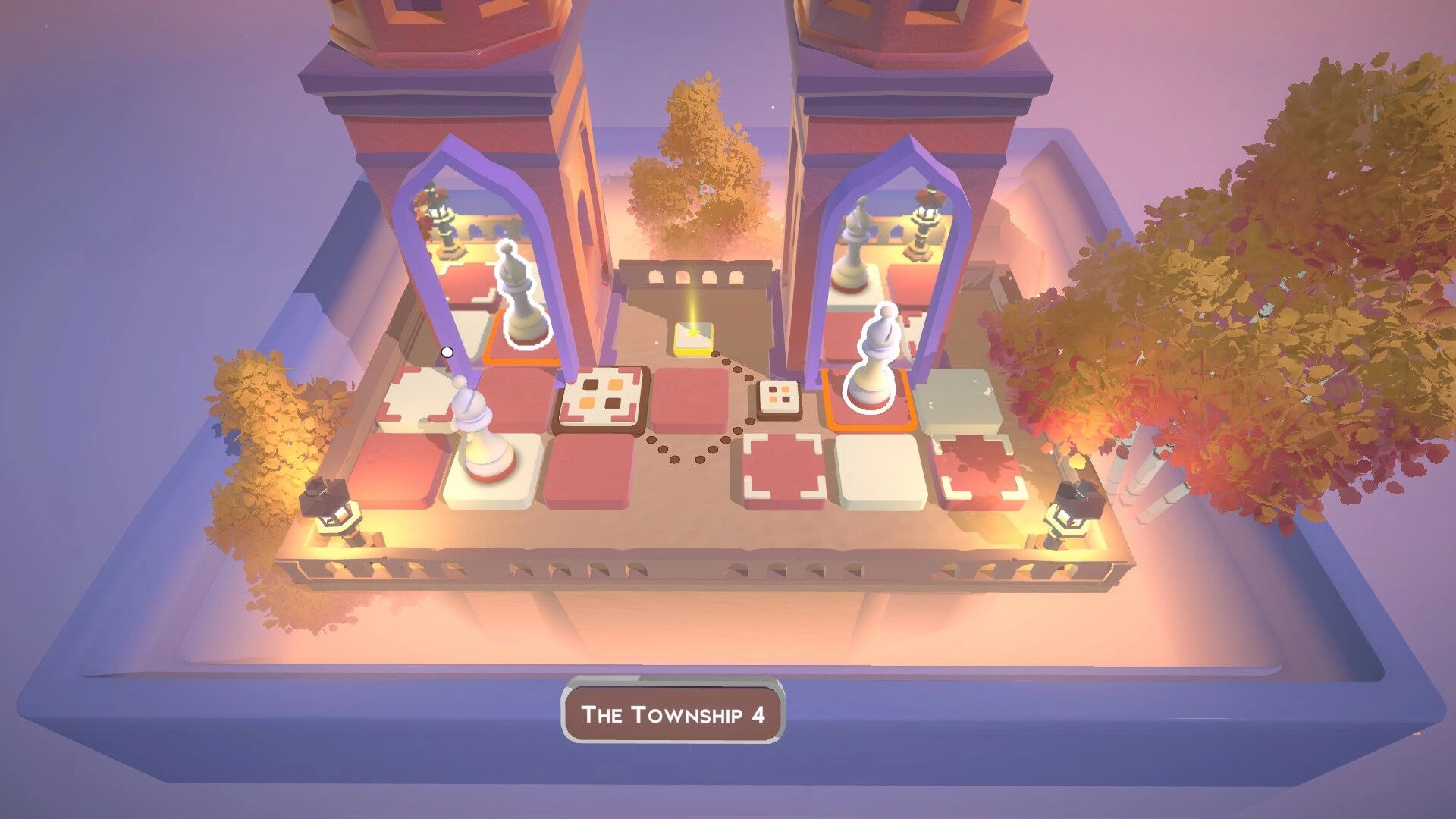 Chess Tales: Pawn movement puzzle with dotted path across tiles between twin castle towers at sunset.