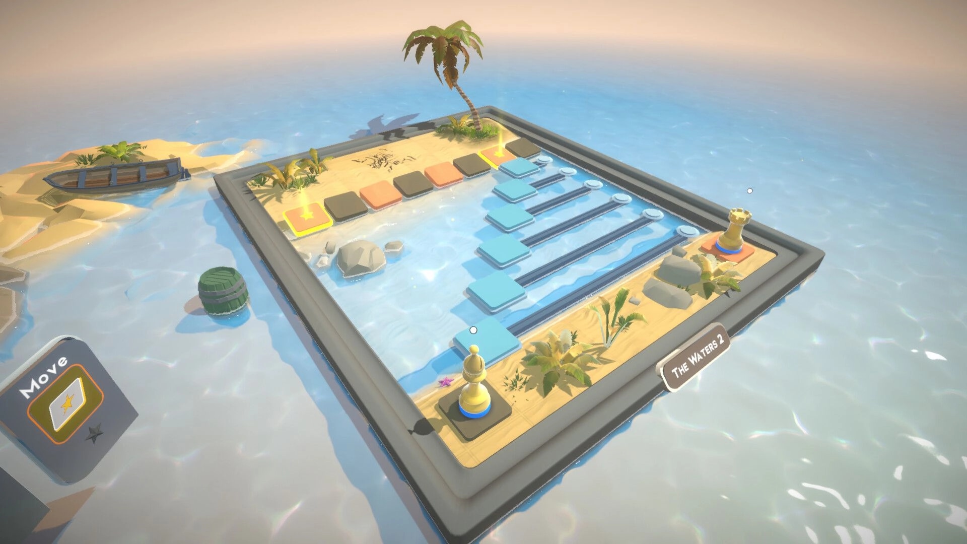Chess Tales: Move puzzle with chess pieces on floating island board over water, level The Waters 2.