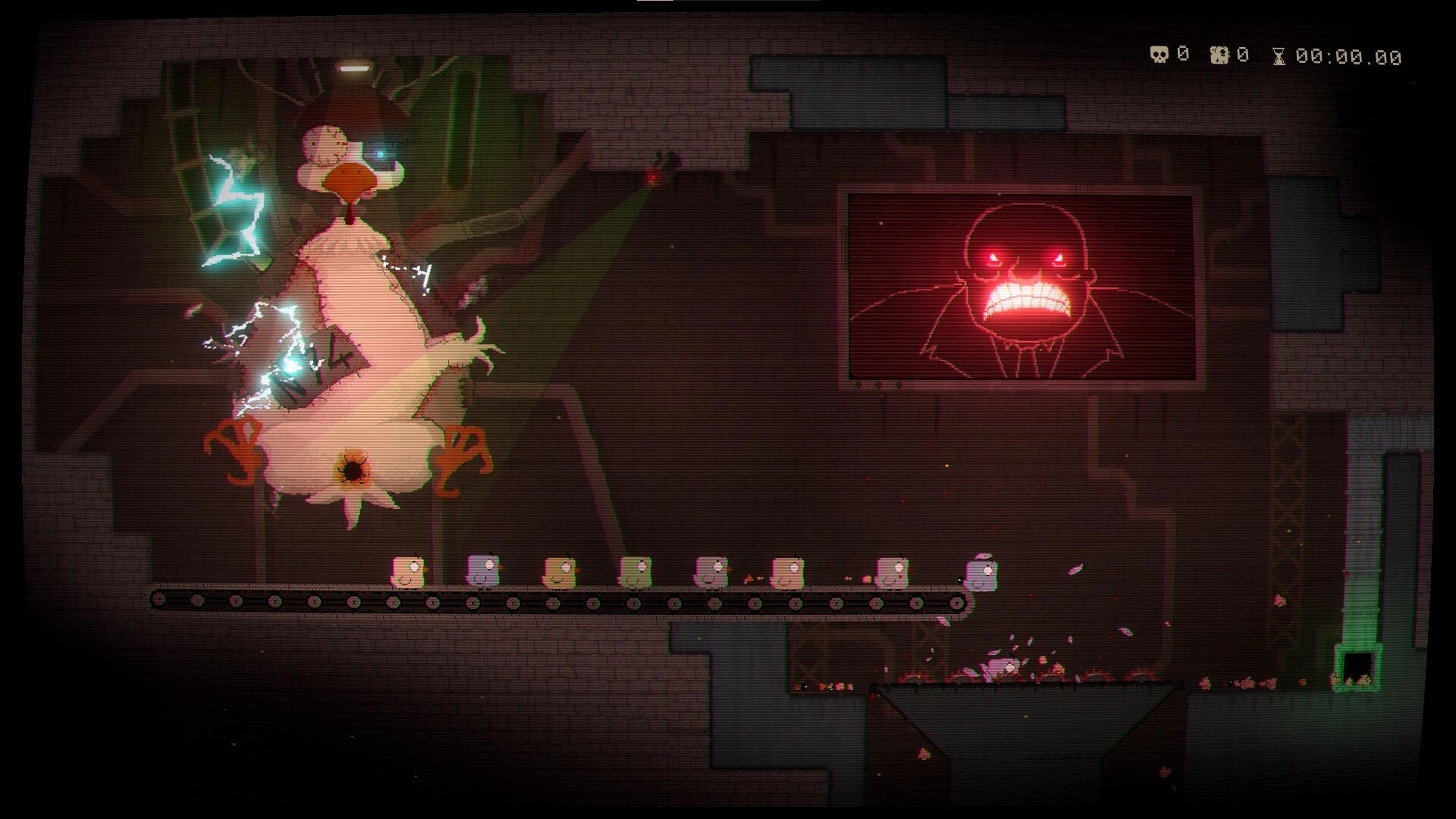 Chick N’ Gun: Chicken electrocuted above conveyor of nuggets, red boss screen in grim factory room.