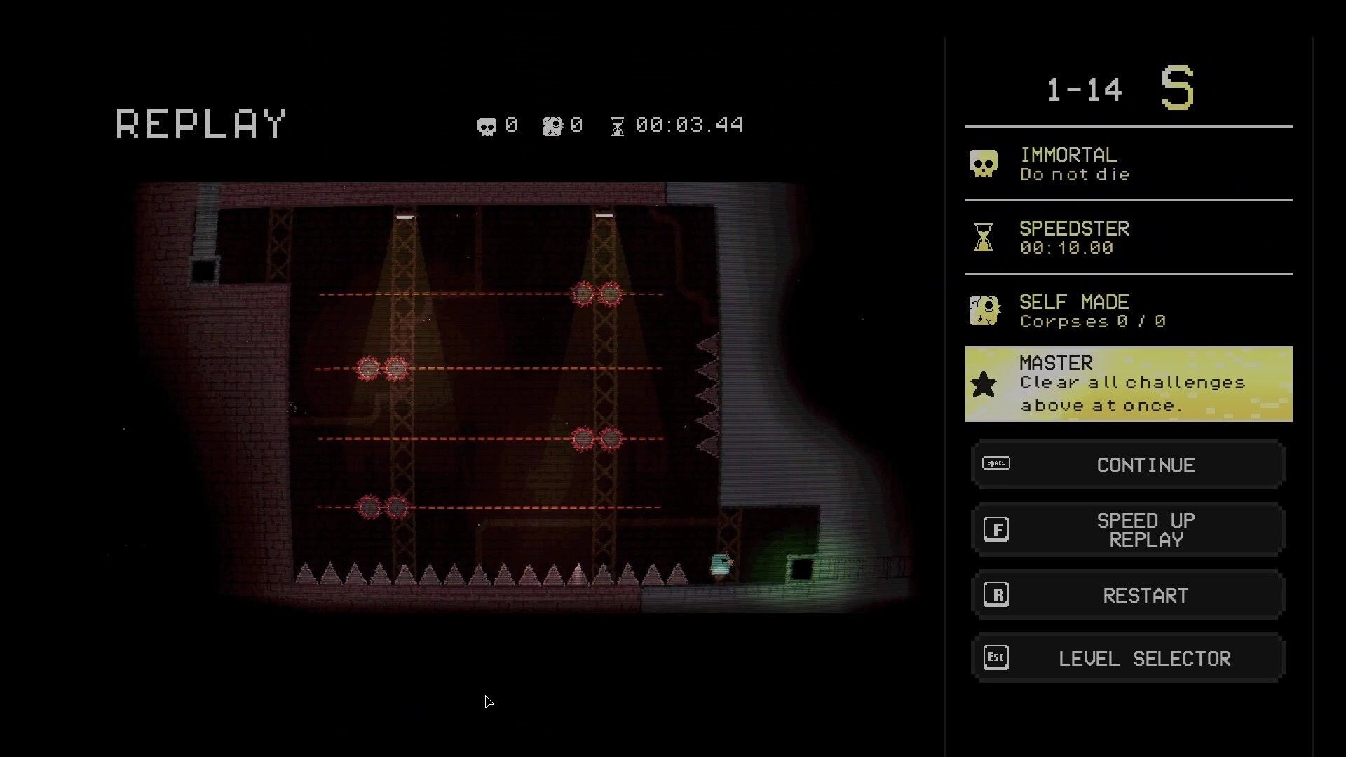 Chick N’ Gun: Replay screen with chick by spikes and lasers, challenge list and continue menu on right.