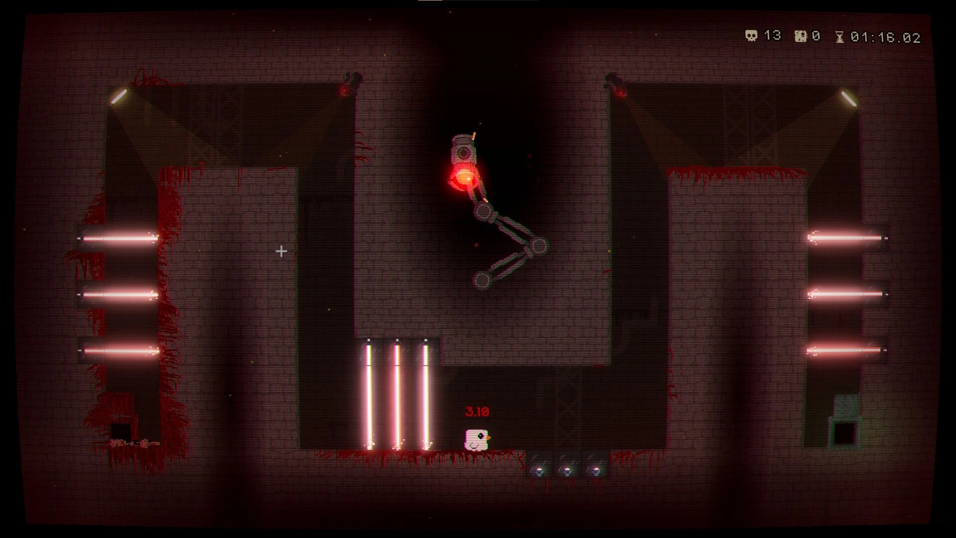 Chick N’ Gun: Chick dodges glowing laser bars under a swinging robot arm in a dark brick lab stage.
