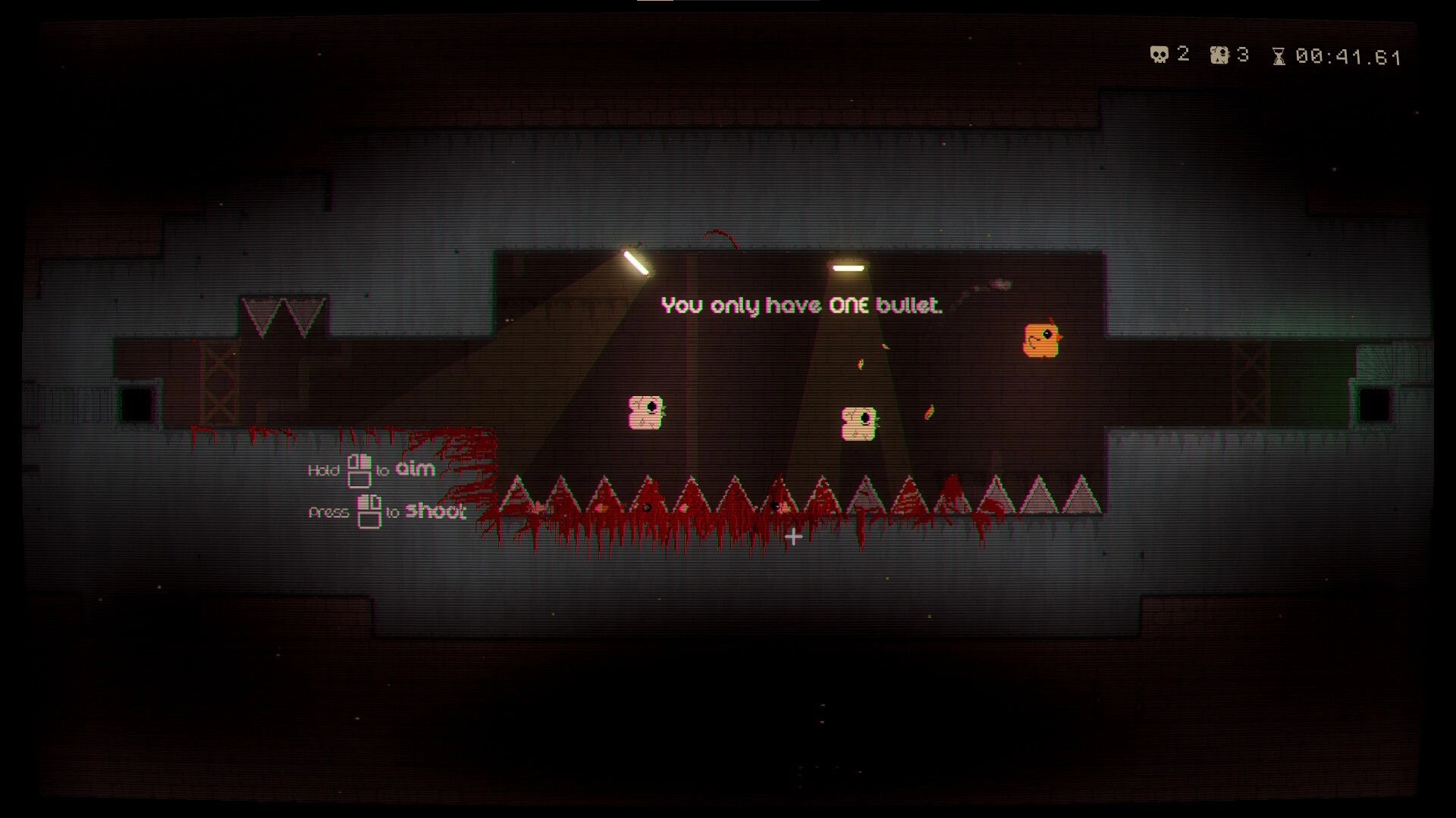 Chick N’ Gun: Tutorial room with three chicks over spikes, text “You only have one bullet”.