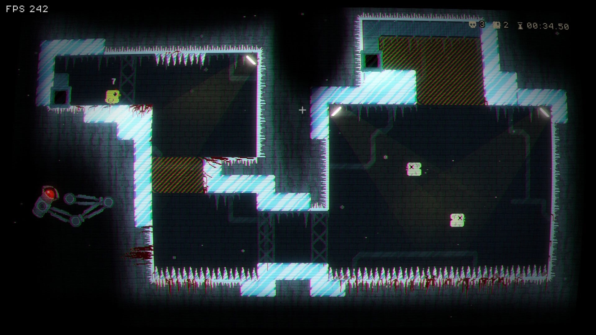 Chick N’ Gun: Chick stands near spikes and icy platforms in dark factory room with timer UI visible.