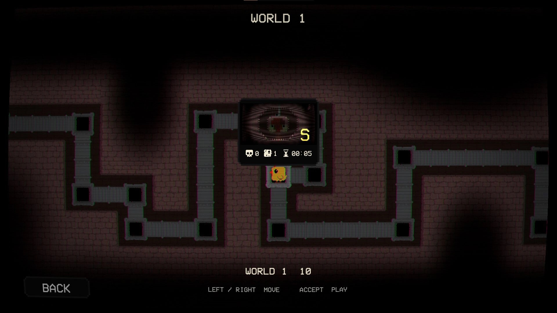Chick N’ Gun: World 1 map screen with a chick icon on a node, level preview graded S on brick maze.