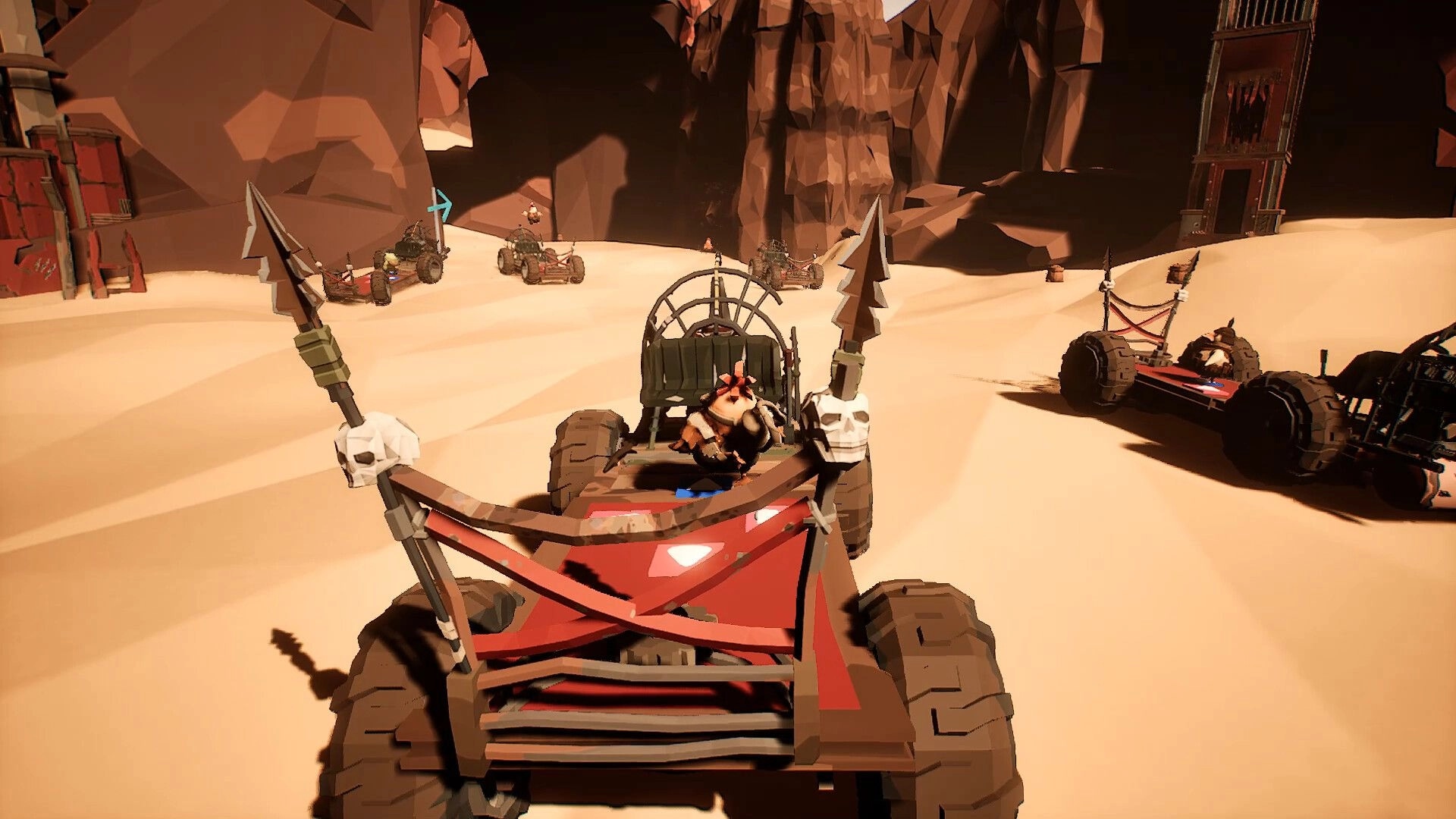 Chicken Chicken: Chicken character driving spiked dune buggy in desert wasteland with cliffs and vehicles.