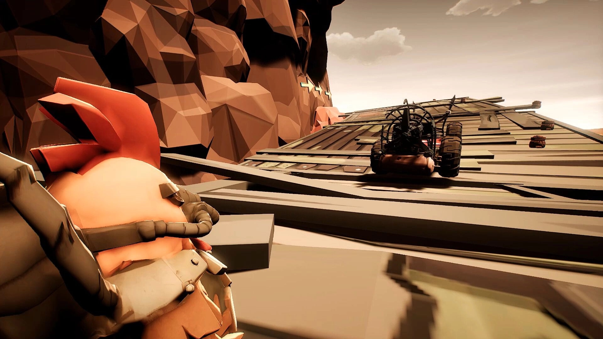 Chicken Chicken: Armored chicken observing a vehicle on a wooden ramp in a rocky wasteland setting