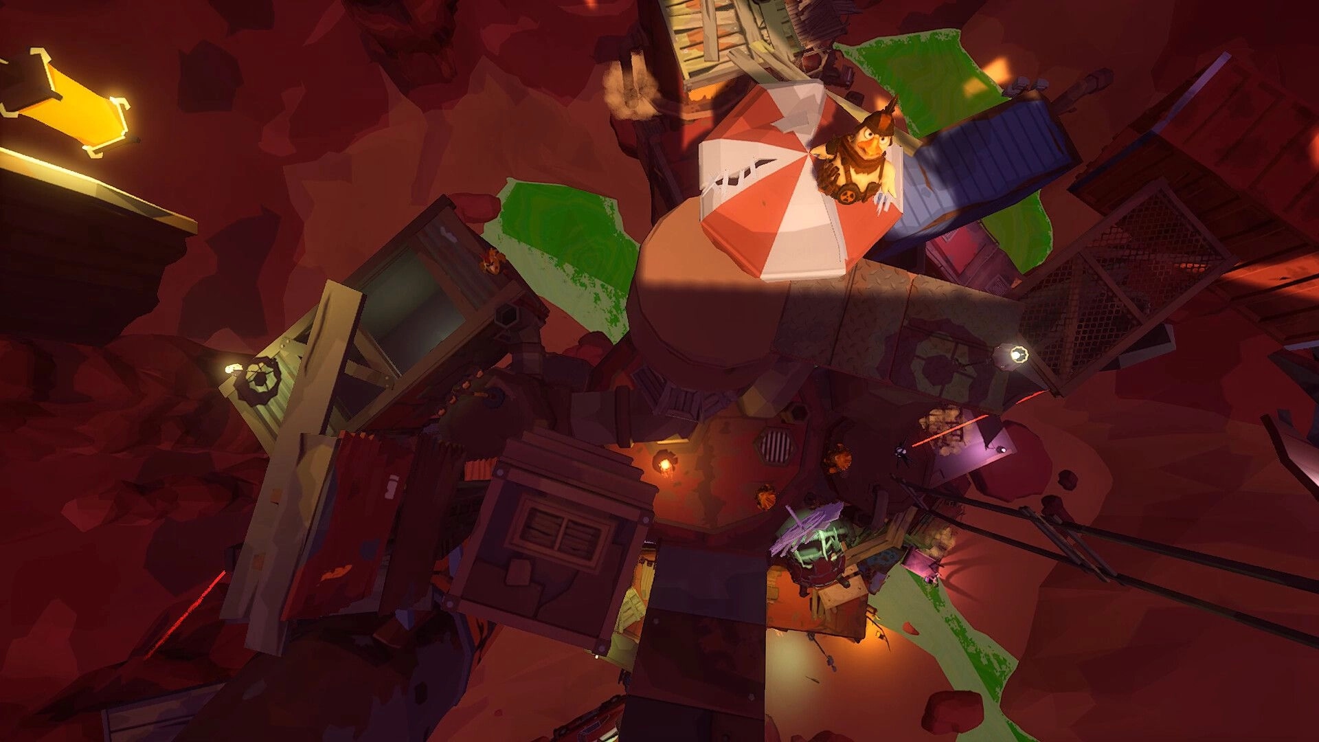 Chicken Chicken: Overhead view of chaotic wasteland with scattered structures and vibrant green pools
