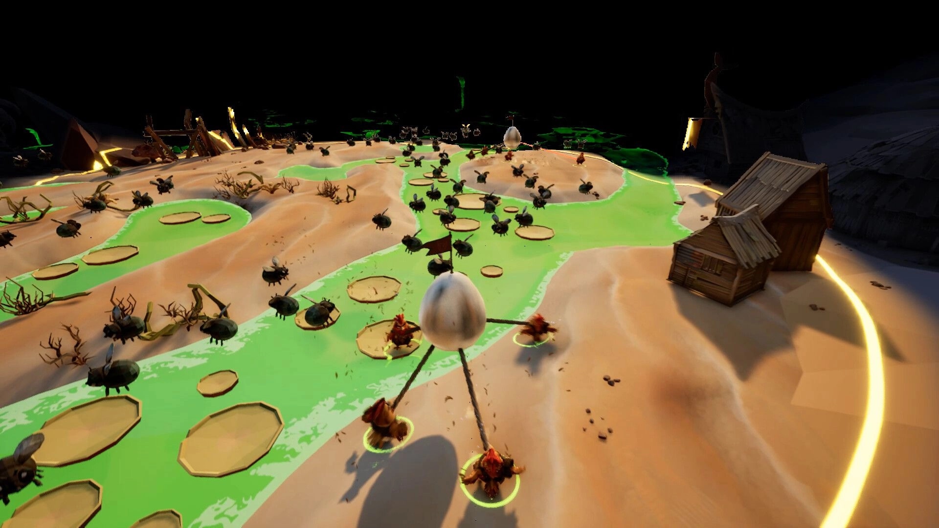 Chicken Chicken: Chickens gather around a giant egg in desert terrain with scattered huts and insects