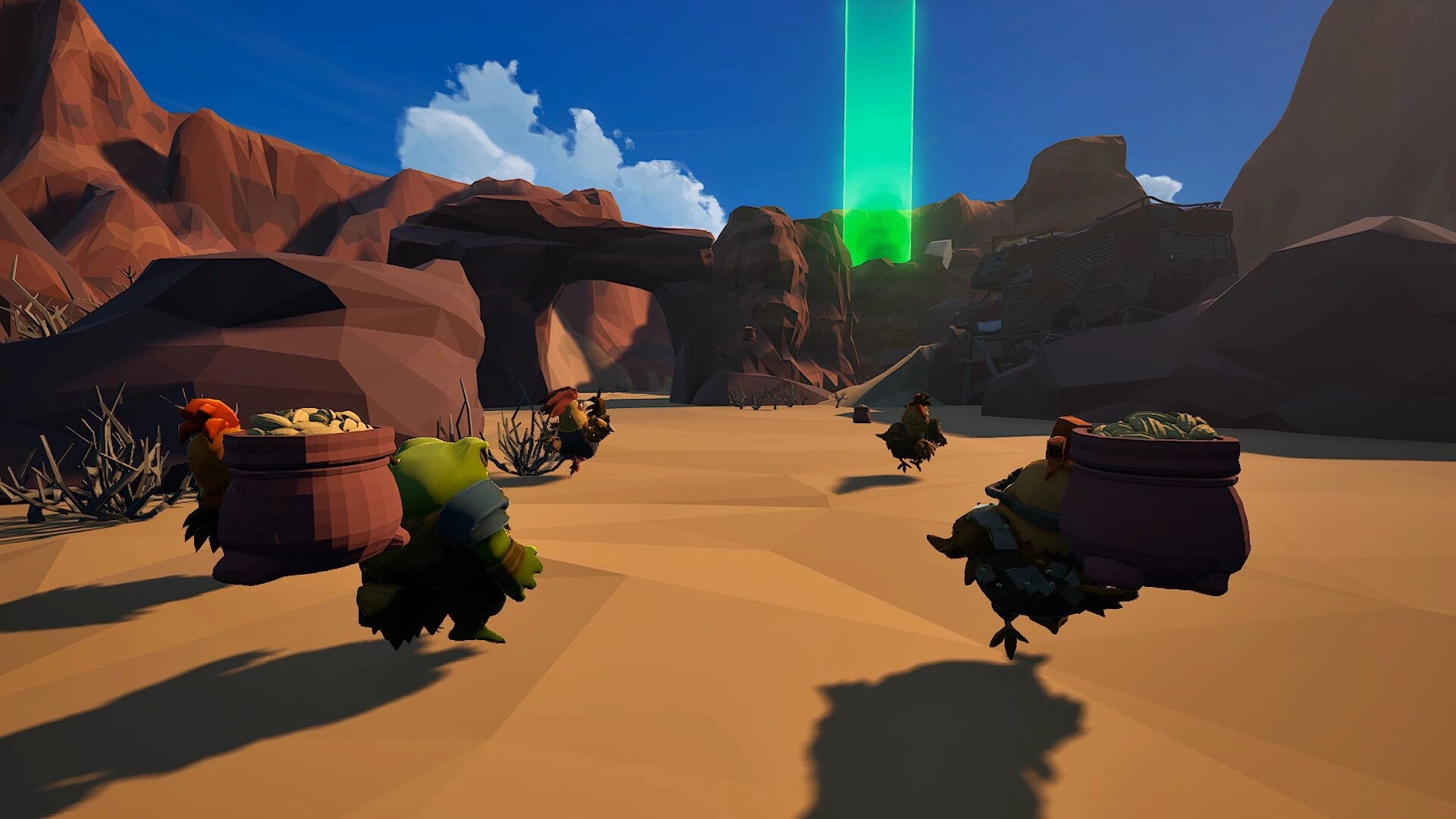 Chicken Chicken: Chickens carrying baskets in a rocky desert with a glowing green beacon in distance