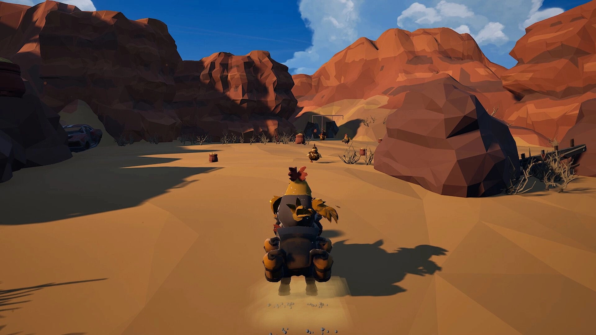 Chicken Chicken: Racing chickens through a dusty canyon with scattered barrels and rocky terrain