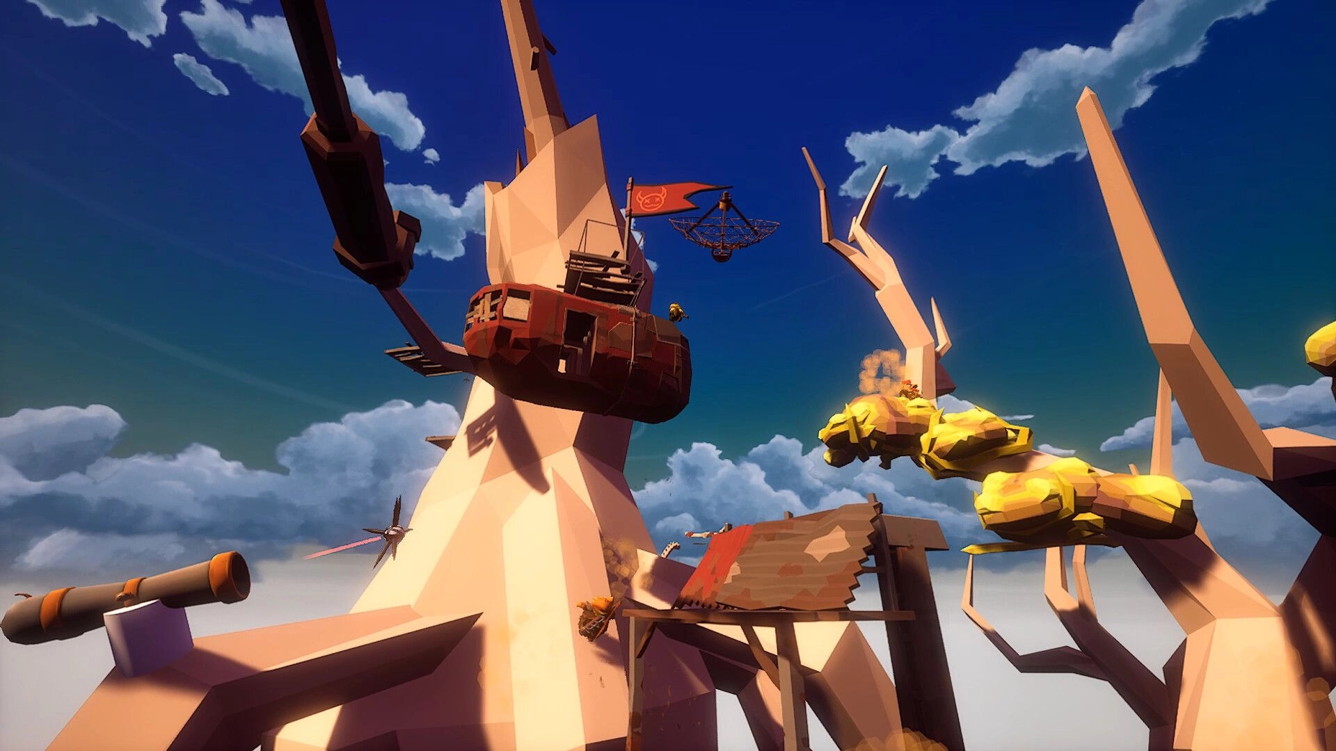 Chicken Chicken: Player navigating wooden structure with a flag atop a tall spire in the wasteland sky
