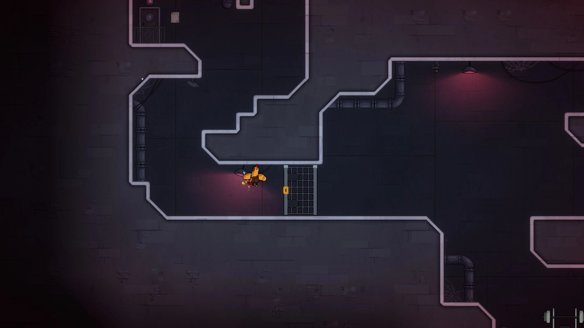 Chickens Don't Fly: Rooster swinging with plunger near gated platform in dimly lit industrial tunnel