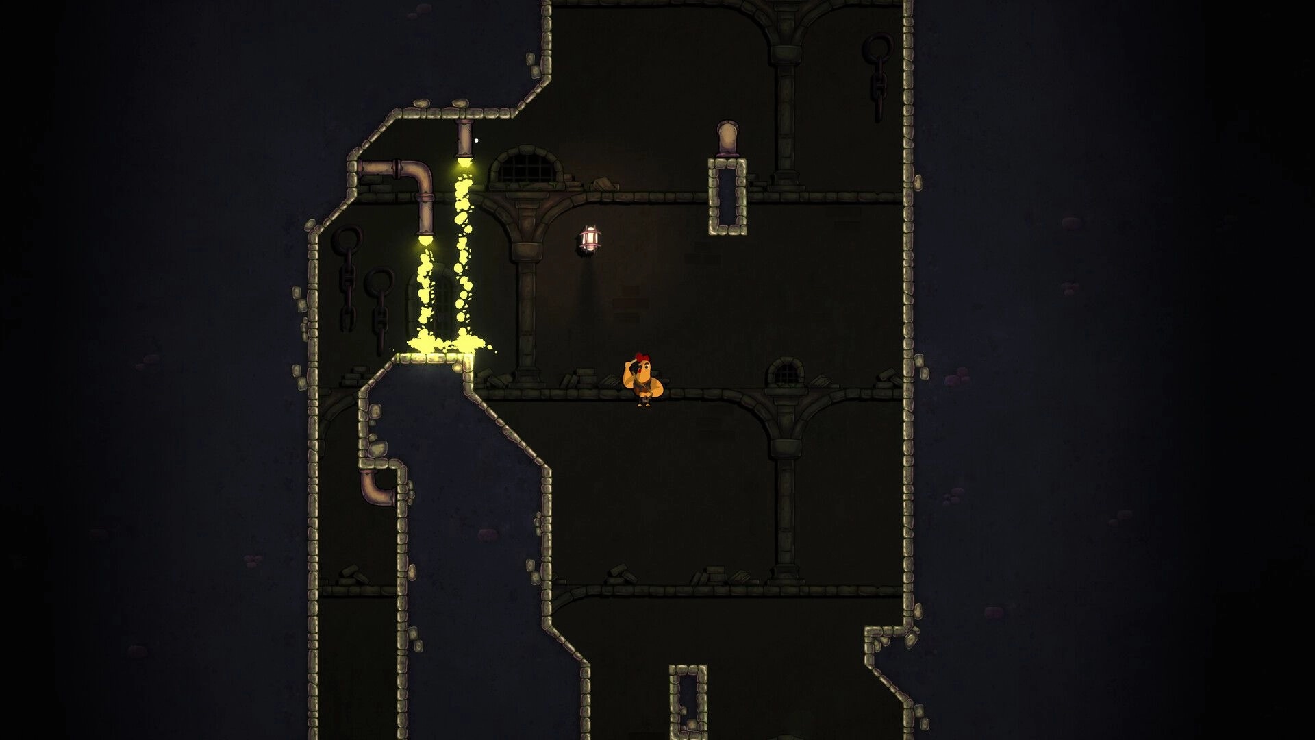 Chickens Don't Fly: Rooster swinging on a ledge in a dark dungeon with glowing green liquid streams