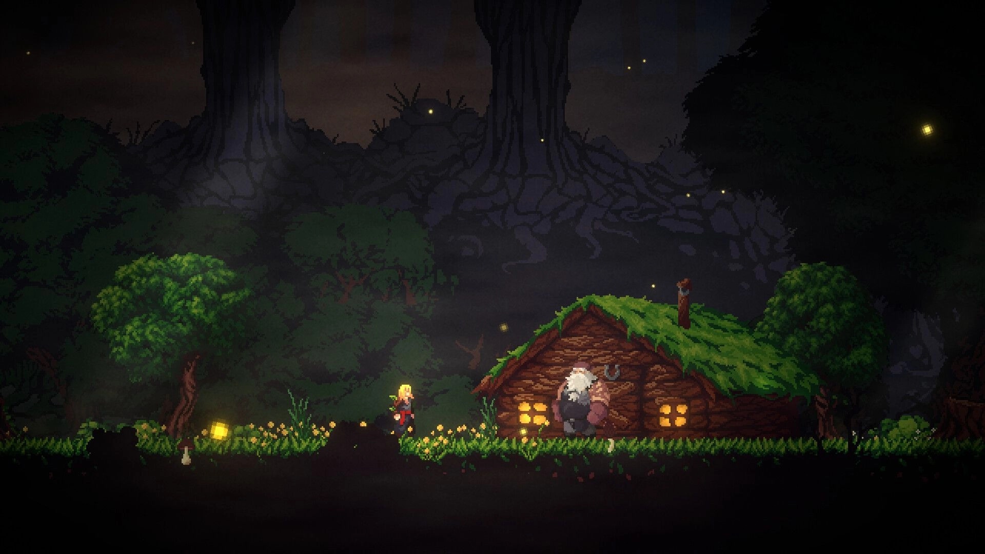 Children of Birch: Blonde hero approaches a moss-roof cabin with an old man in a misty forest.