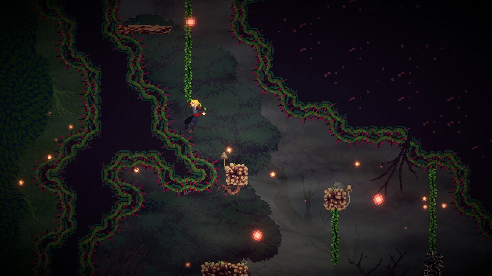 Children of Birch: Blond hero climbs a hanging vine past thorny walls in a dark forest cavern lit by embers.
