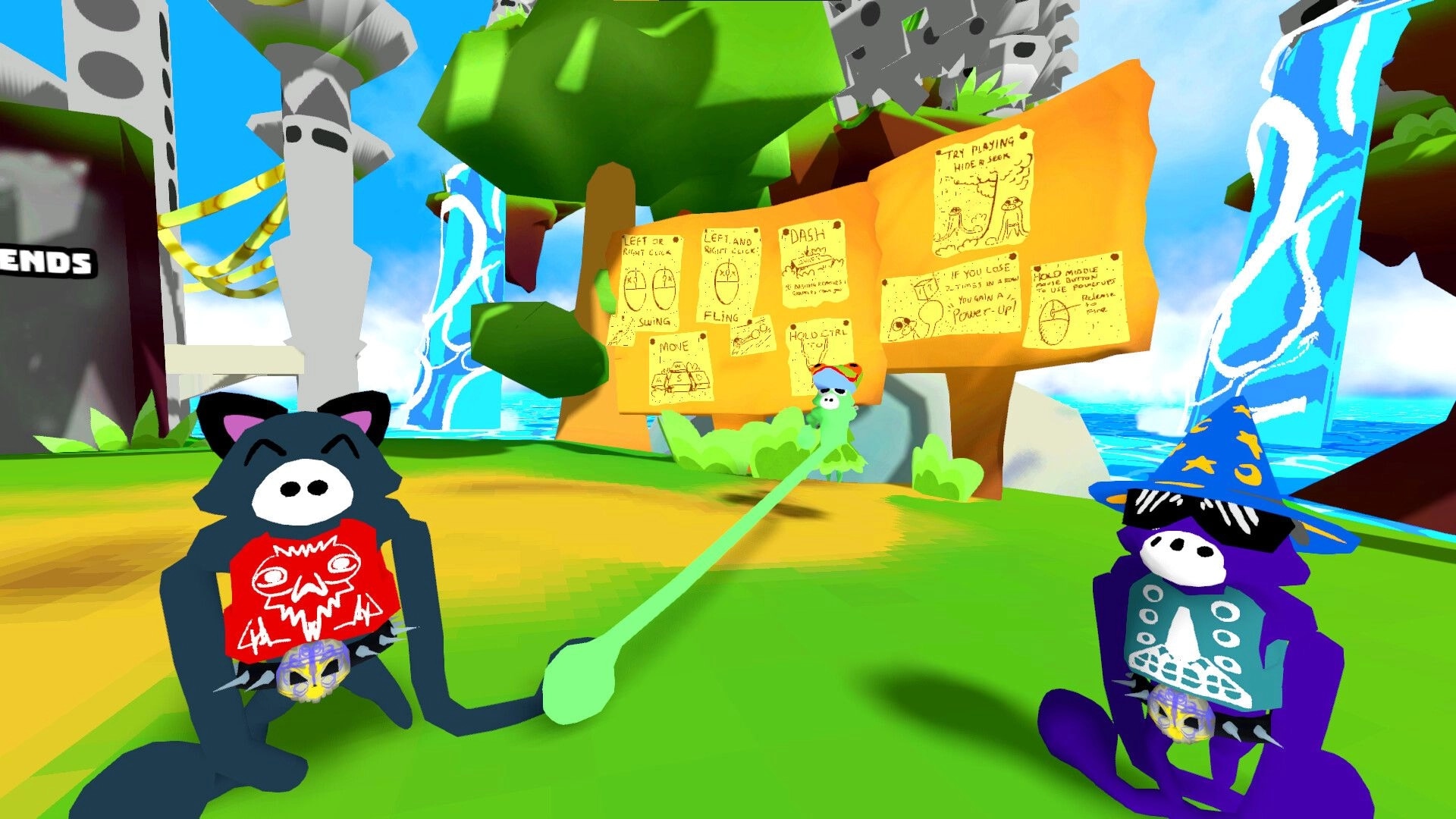 ChimpUP!: Two characters with unique outfits in a colorful jungle setting, near a tree with game instructions.
