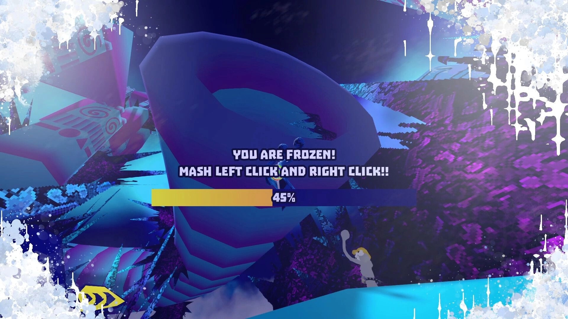 ChimpUP!: Player frozen with on-screen prompt to mash clicks, icy environment background.