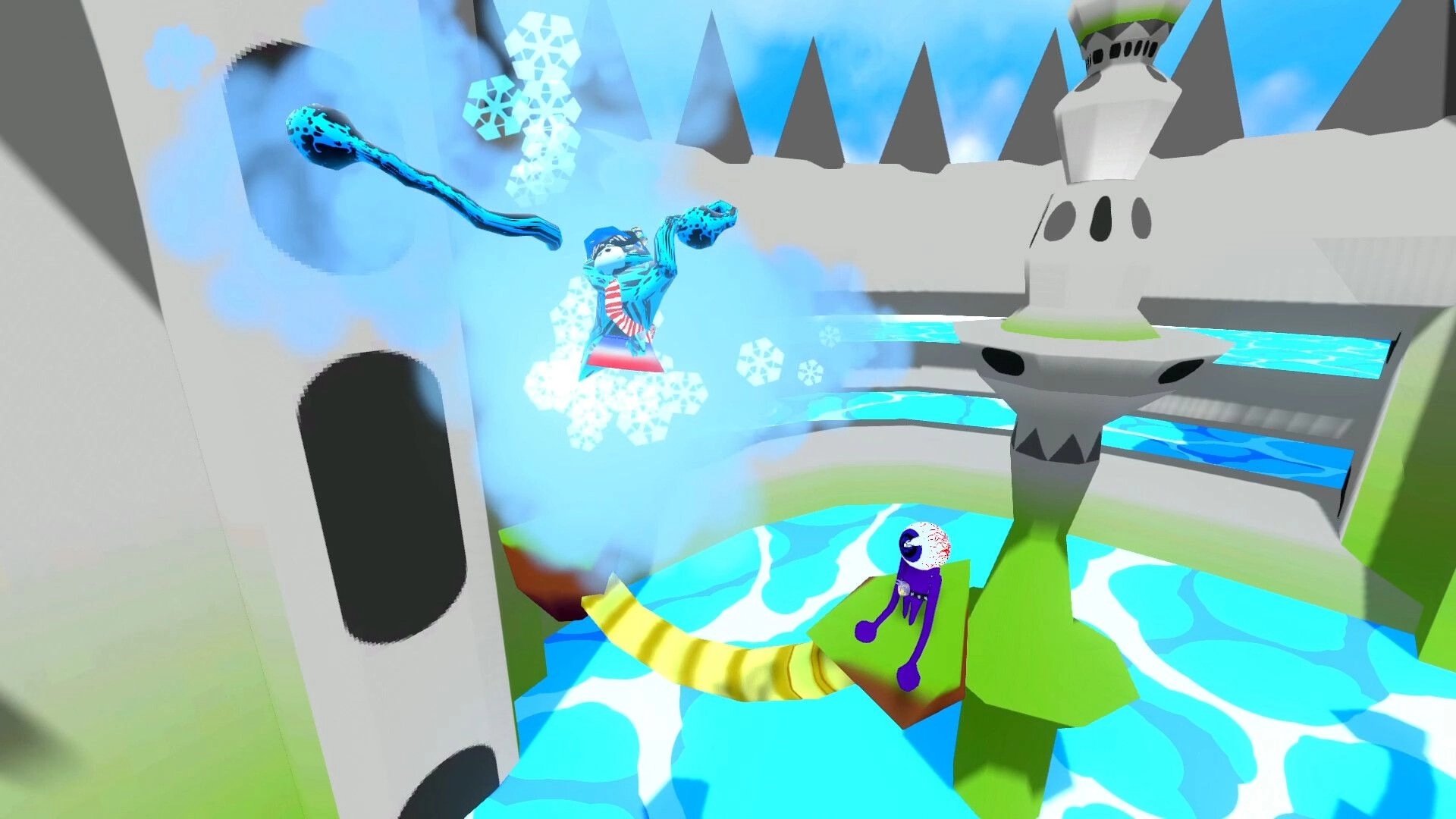 ChimpUP!: Blue chimp uses grapple hooks to climb icy tower; rival waits below in vibrant arena.
