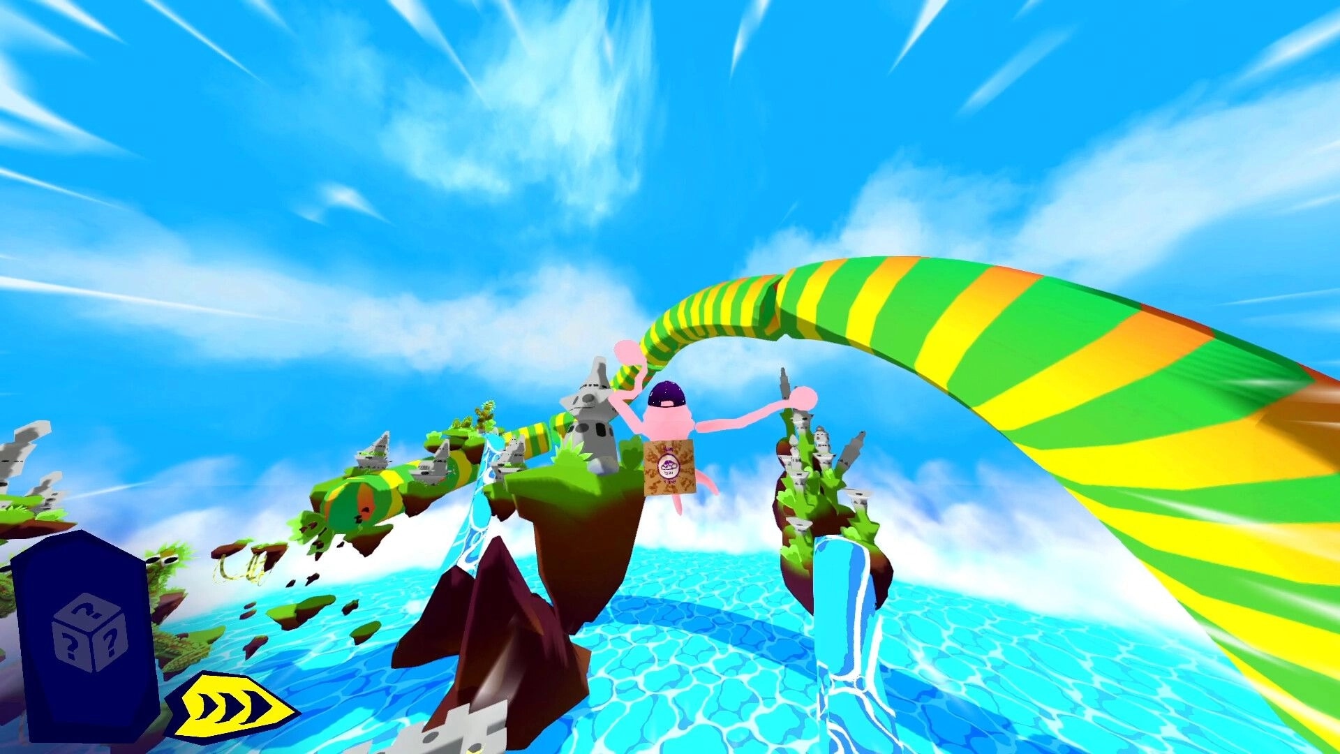 ChimpUP!: Grapple-swinging over floating islands with vibrant skies and a mysterious banana path