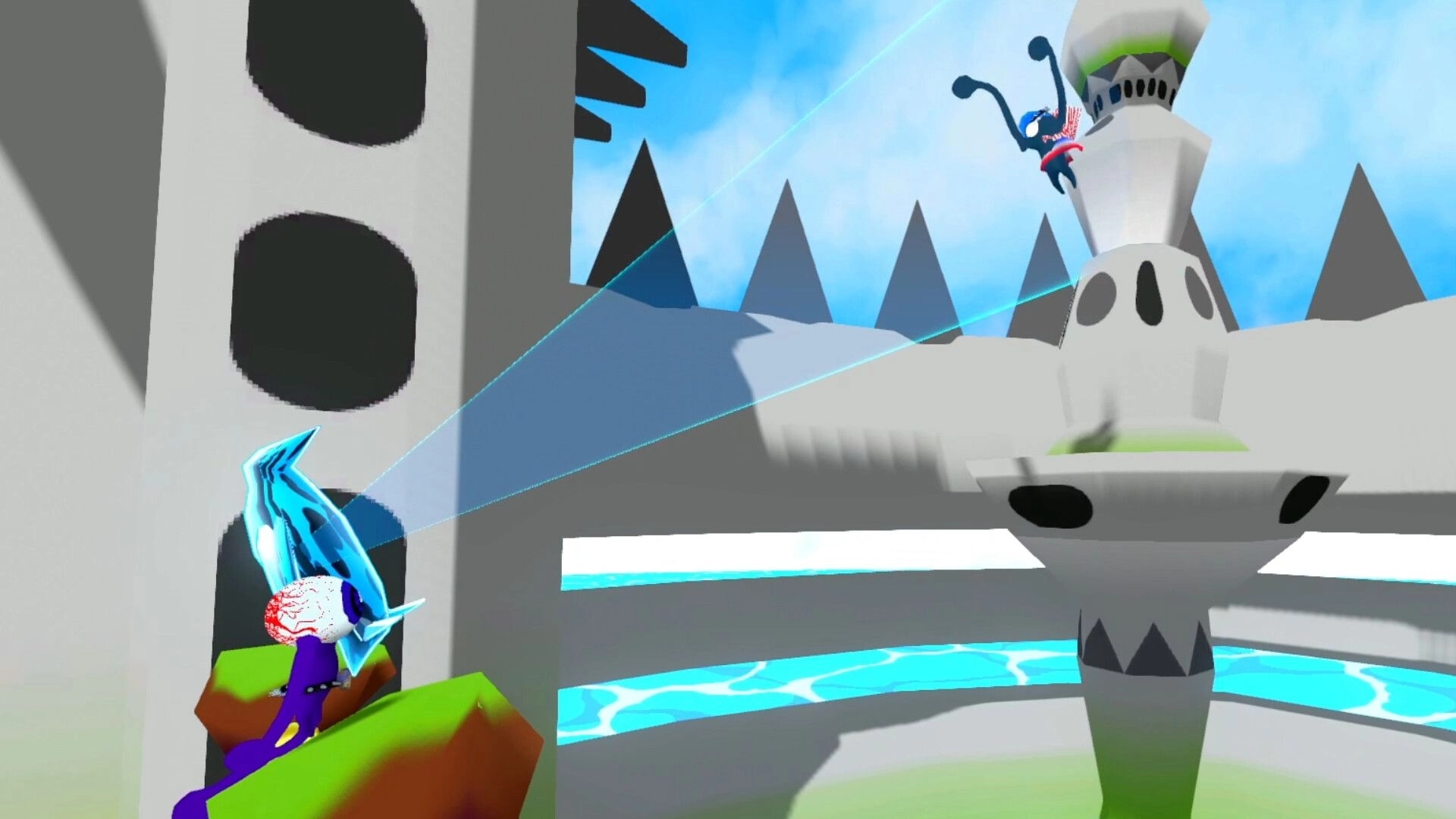 ChimpUP!: Two chimps grapple across futuristic towers with bright blue skies in the background