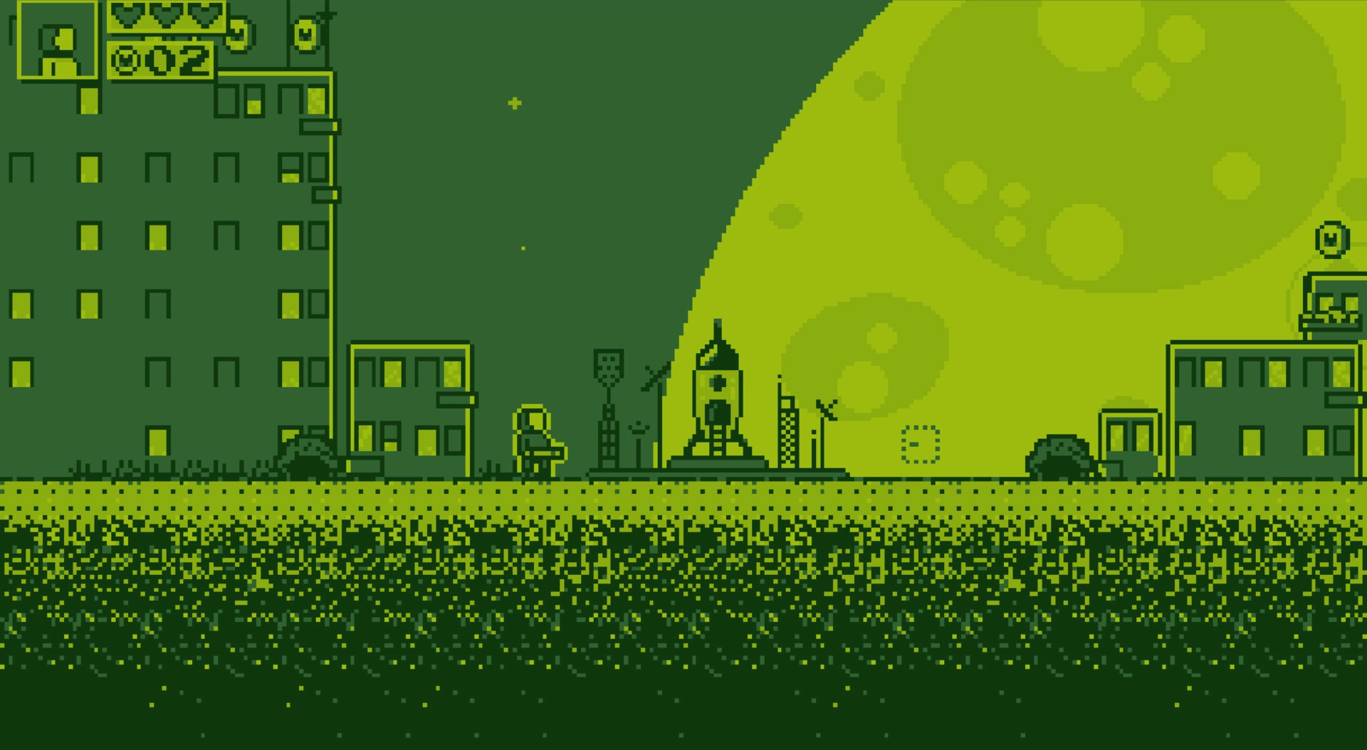 CHIP: Exploring moonlit cityscape with spaceship, health bar, and score displayed in retro graphics.