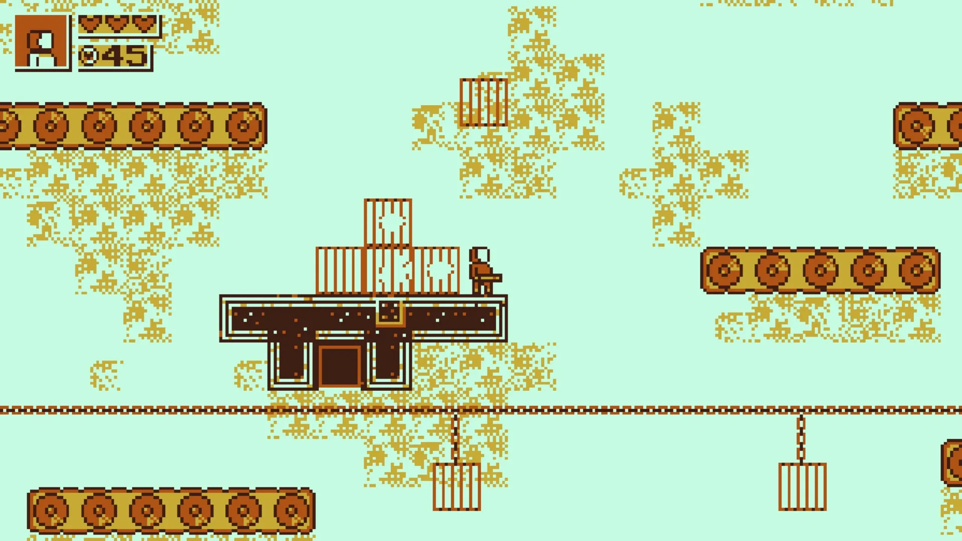 CHIP: Platform jumping over gears in pixelated sky landscape with health and score displayed