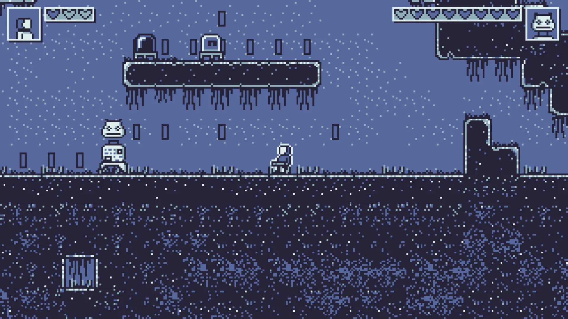 CHIP: Side-scrolling platform level with CHIP facing a robot enemy, health bars top corners.