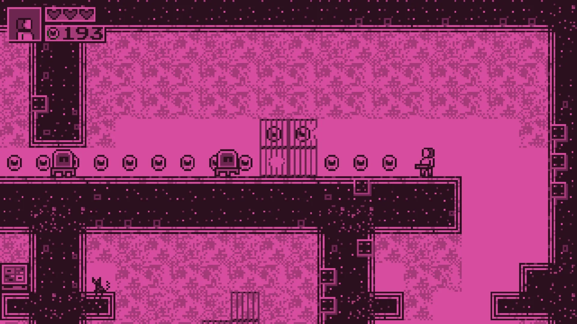 CHIP: Player character approaching a caged kitten in a pixelated pink corridor with health UI visible.