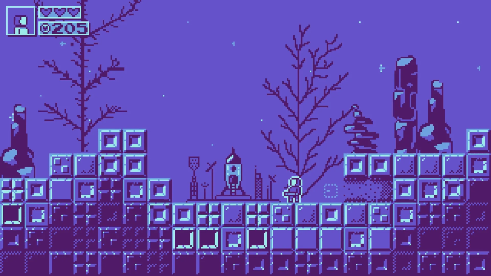 CHIP: Space rescuer CHIP stands near spaceship on pixelated alien planet with health and score displayed.